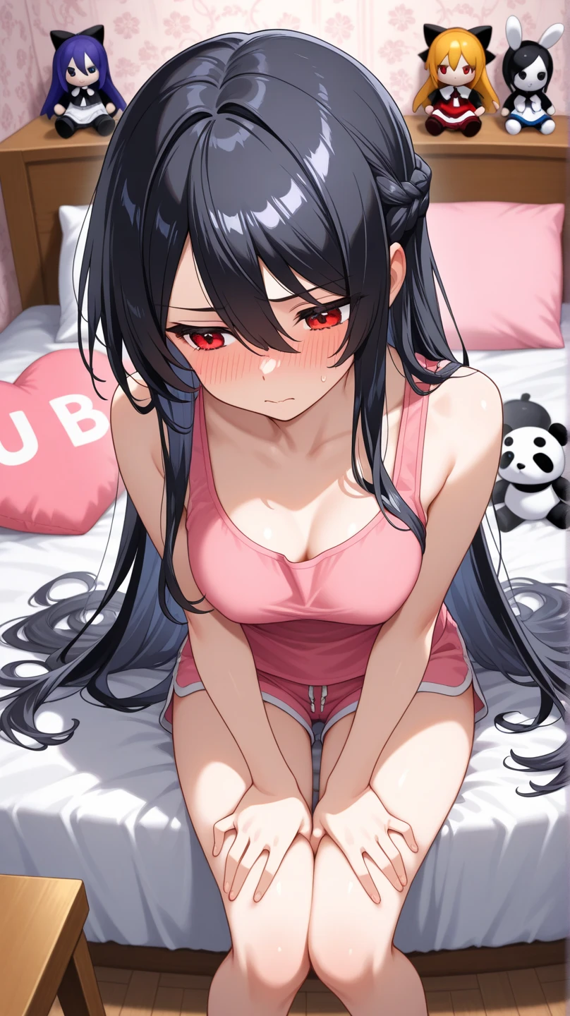 (8K、Highest image quality、highest quality、masterpiece)、detailed face、1 girl、black hair、long hair、twintails、blunt bangs、pink eyes、blush、evil smile、((open mouth))、earrings、((small breasts))、((full nude))、on top、((vaginal sex))、((1boy))、POV、on the bed、bedroom background、((nsfw))