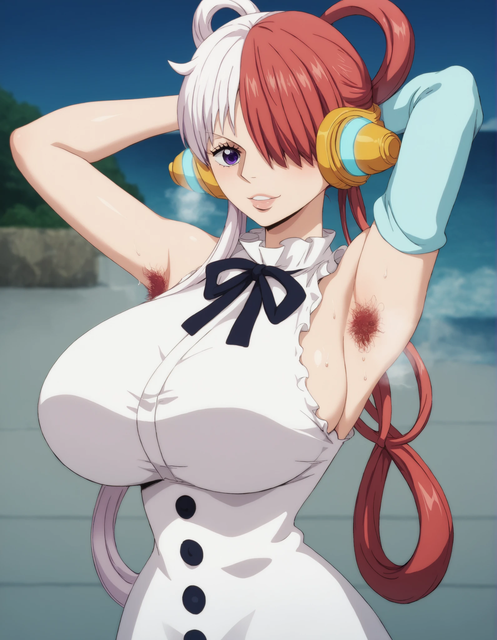 score_9, score_8_wonderful, アニメ, 女の子 {{1girl}} 蒸れている 蒸気 steam sweet face focus very huge breasts {{脇毛}} {{armpits hair}} Uta (One Piece) Hairy armpits uta, 1girl, long hair, hair rings, bangs, hair over one eye, split-color hair, red hair, white hair, purple eyes, big breasts, dress, headphones, white dress, ribbon, neck ribbon, single sleeve, blue sleeve