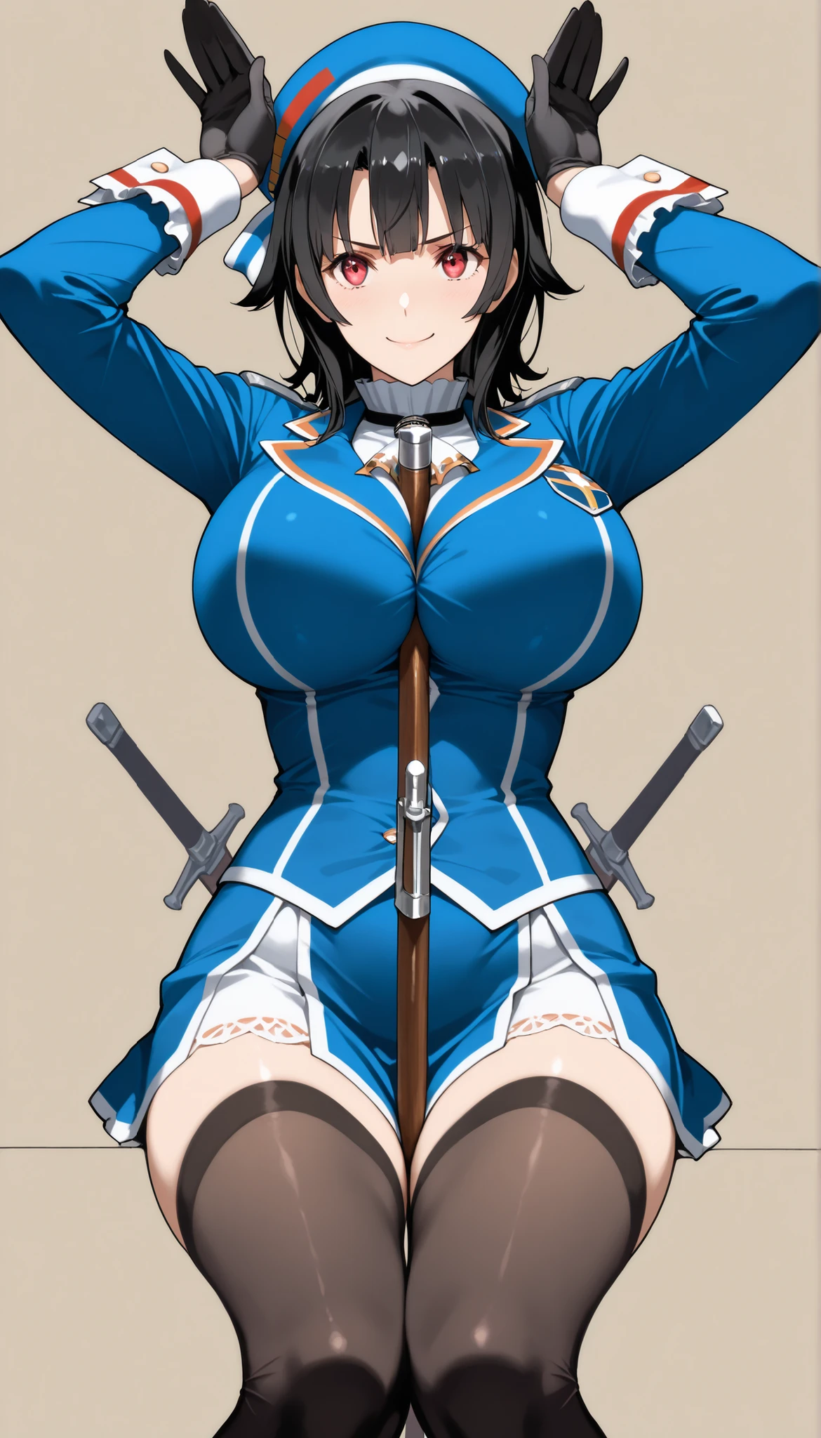 masterpiece, high score, Great score ,very high resolution,fleet this is,Takao,(((simple background))),uniform,miniskirt,beret,stare at viewers in the mansion's bathroom,(((Between clothes))),
happy,dynamic pose,Black Gloves,weapons,black knee-high stockings,Rabbit ear pose ,Big breasts,