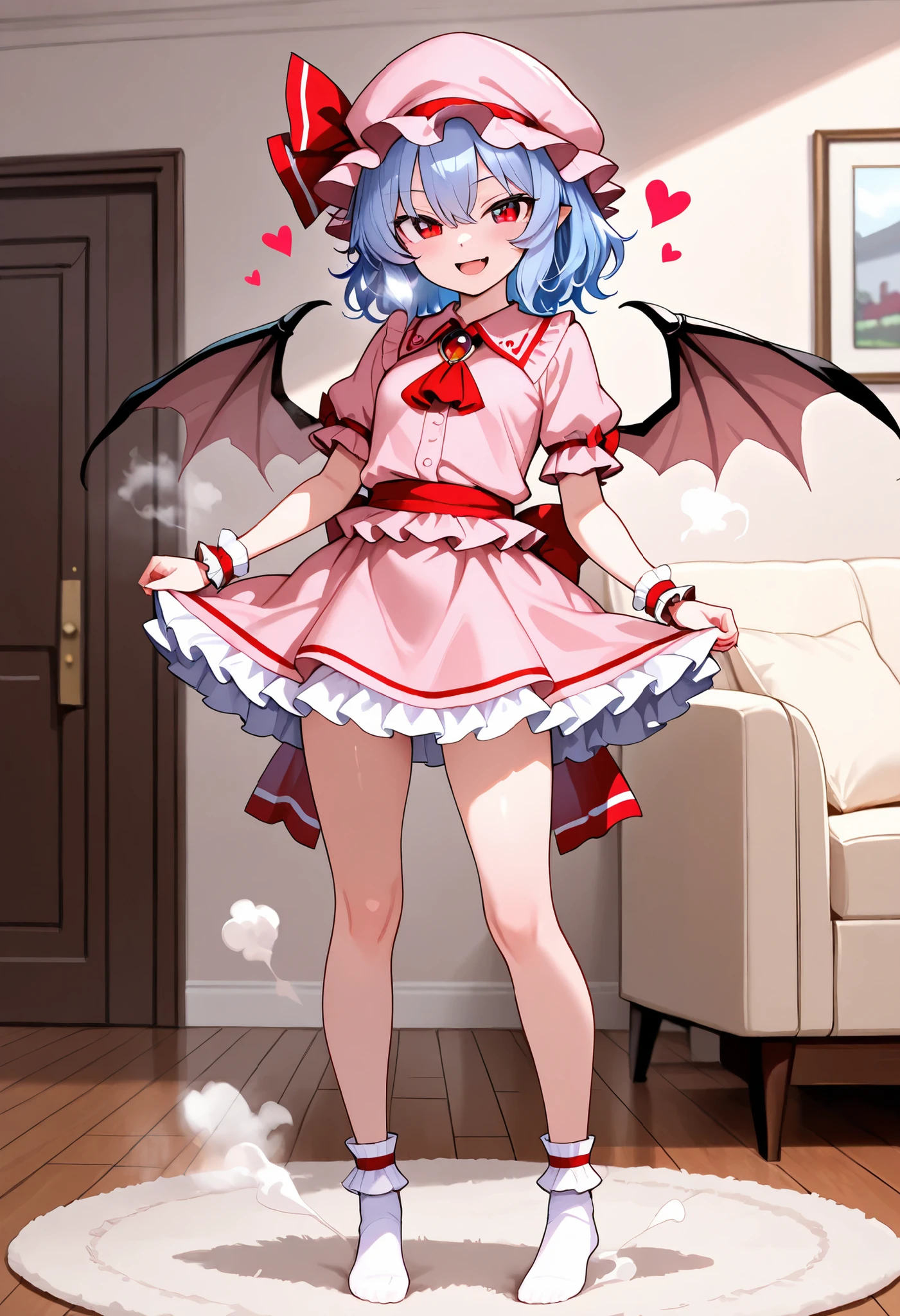 masterpiece,highquality,steam,heart effect,standing,1girl,living room,girl,remilia scarlet,petite,medium hair,blue hair,red eyes, pink headwear ,clothed,mini skirt,frilled skirt,ankle socks,open eyes,smile,open mouth,full body