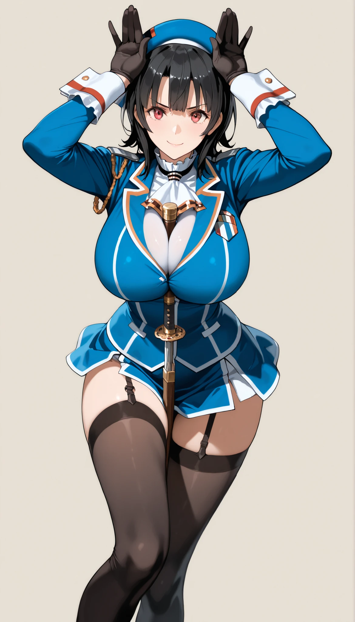 masterpiece, high score, Great score ,very high resolution,fleet this is,Takao,(((simple background))),uniform,miniskirt,beret,stare at viewers in the mansion's bathroom,(((Between clothes))),
happy,dynamic pose,Black Gloves,weapons,black knee-high stockings,Rabbit ear pose ,Big breasts,