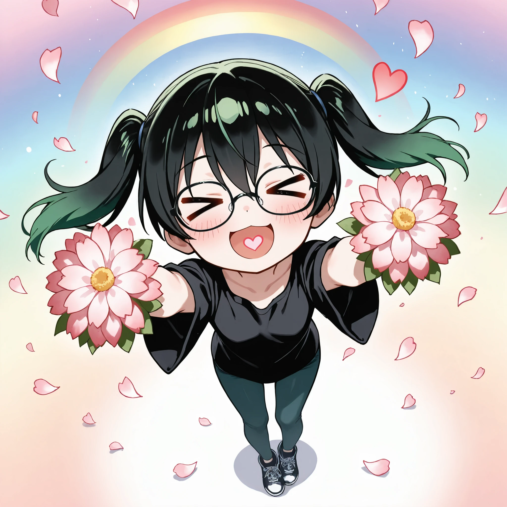 ((Masterpiece)),((best quality)),((incredibly absurdres)),((8K)),(semi realistic),
1 (chibi girl:1.3),(anime chibi),(solo:1.3),yuu takasaki,bangs,black hair,hair between eyes,twintails,multicolored hair,green hair,medium hair,two-tone hair,gradient hair,small breasts,
((black eyewear)),short-sleeved shirt , black shirt , Plain shirt ,wide sleeves,skinny jeans,sneakers,
(smile,lovestruck,blush:1.3),open mouth wide,((xd)),heart in mouth,look at viewer,
leaning forward,(Holding two bouquets),pink flower,(Rodanse),outstretched arms,Raising both arms,arms up,reaching towards viewer,
(heart mark),simple background,rainbow background,
(flower petals floating and dancing through the air:1.2)fantasy atmosphere, anime art style,
Particle,Soft light,Lighting,
from above,from front,full body,