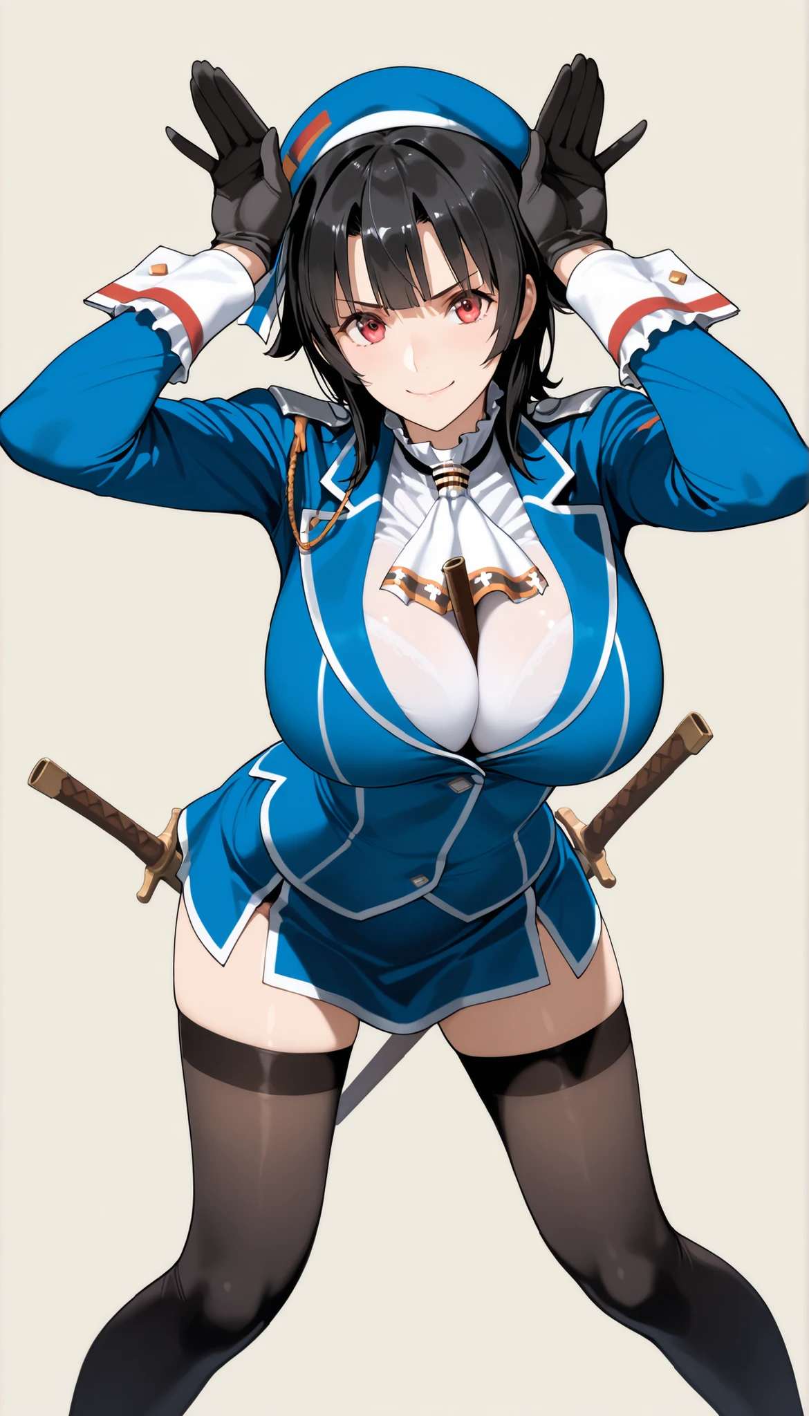(Masterpiece, 8k, Best Quality, Highly detailed, depth of field:1.4), 1girl, black hair, black pantyhose, blue eyes, blue headwear, breasts, capelet, gloves, flinlock gun, hair between eyes, handgun, hat, hat feather, holding, holding gun, holding weapon, aiming at viewer, large breasts, long hair, looking at viewer, pantyhose, ponytail, revolver, shirt, skirt, solo, standing, thigh strap, weapon, white gloves, (skirt lift:0.8), panties, blush, seductive face, licking lips, sly smile, shy face, questionable, nsfw