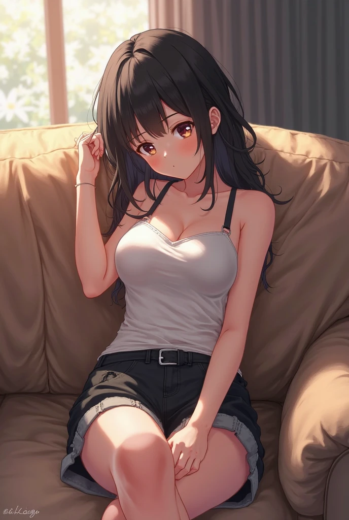 An anime girl who looks with cat ears, very long, straight black hair with bangs similar to Inuyasha's, and golden eyes with a red bra and red denim shorts., and long black lace stockings and tall white boots, talking on the phone in the backyard of his house
