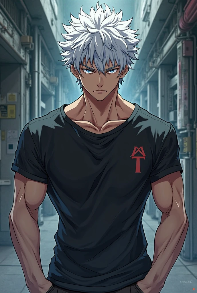 zhenliu, 1boy, male focus, silver hair, ((black sleeveless hood with white long-sleeved shirt inside)), looking at viewer, strong rimlight, city ruins, cowboy shot, detailed eyes, detailed face, <lora:zhenliu-v3-000008:1.0>, <lora:flat_color:0.5>