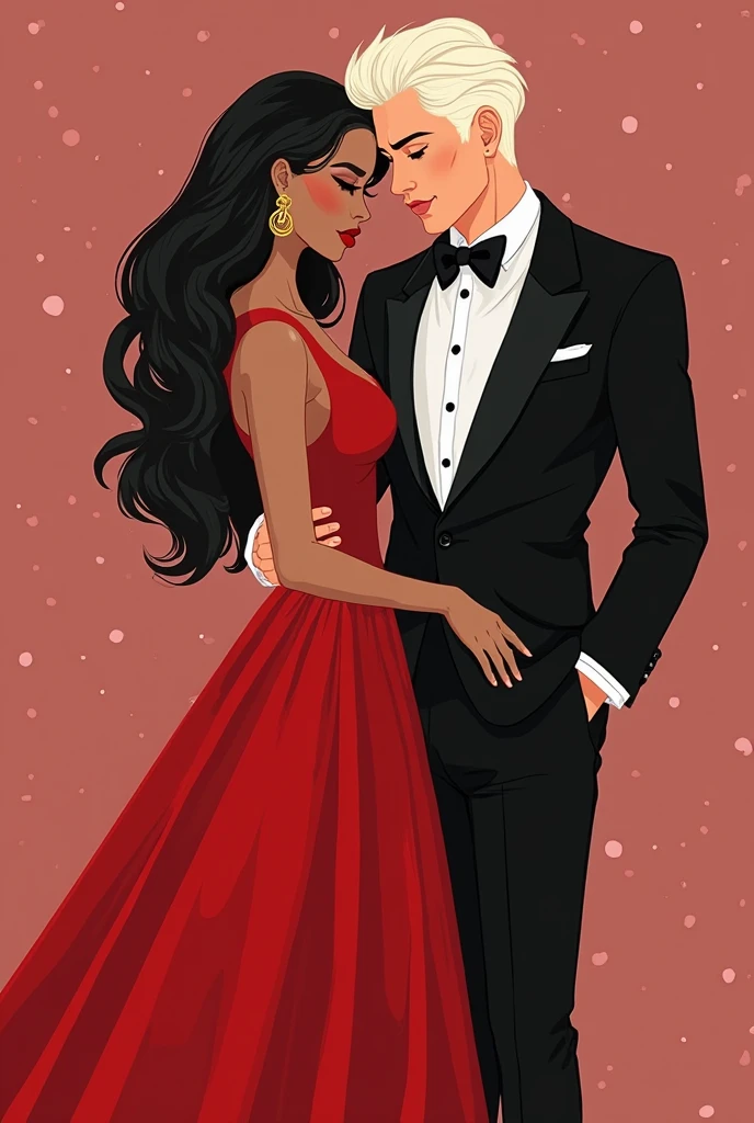 Latin woman, non african american, high, a little weight in passing, short dark brown afro curly hair, Almond eyes with double eyelids, few eyebrows, hourglass body, mole almost in the middle of the eyebrows, diamond face shape, long and slender hands, long feet size 9, dressed in a red dress, next to a tall man, Caucasian, light brown hair, light brown eyes, with a bushy beard,dressed in a formal black suit.