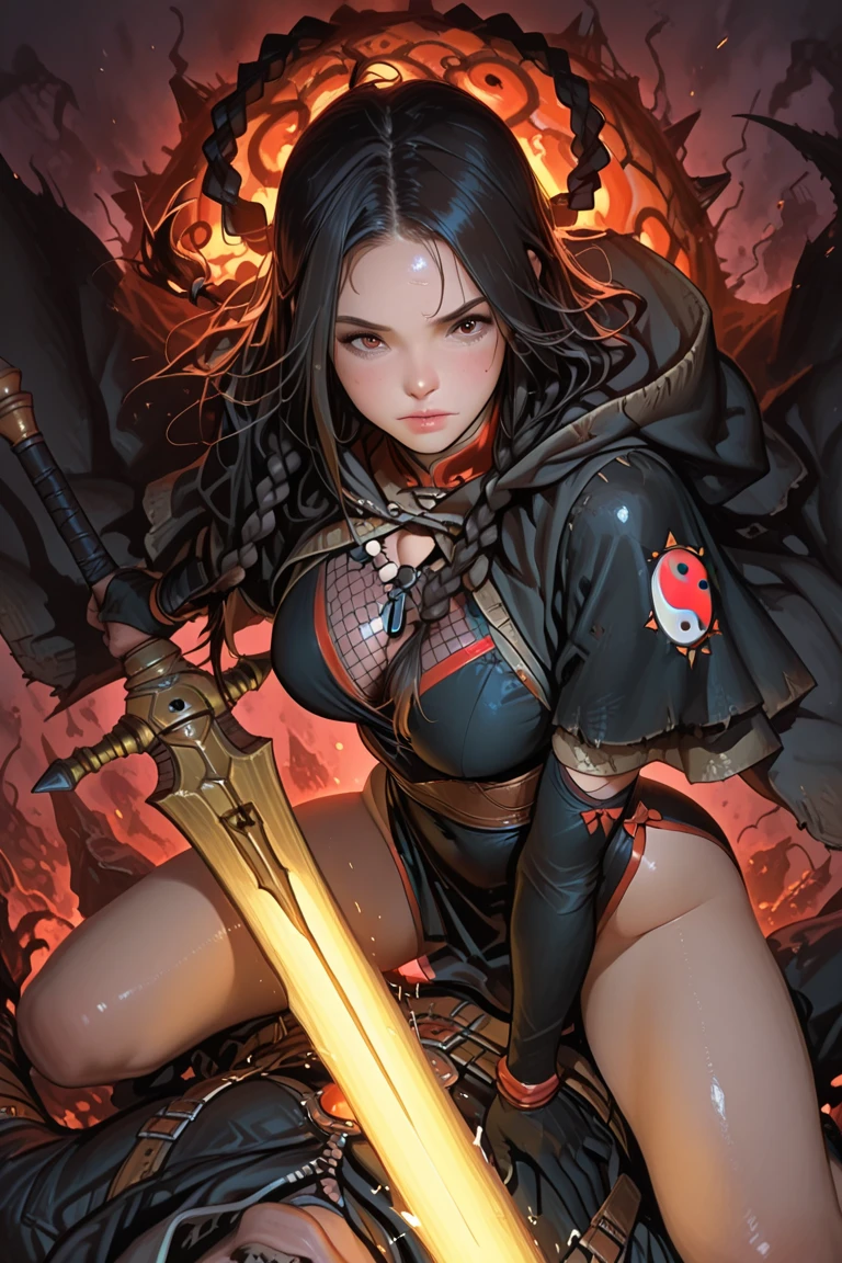 masutepiece, Best Quality,Unity 8k壁纸, ultra-detailliert, Beautiful and aesthetic, Beautiful, Official art, Amaterasu Priestess,, Spell of Darkness, Blessing of the Goddess, divine intervention,The Darkness、Black kimono、huge tit、Black hair, Yellow eyes, Long hair, armor, gloves,Hair Ornament, earrings, Red rope,pelvis curtain, Sandals, Elbow gloves,Thigh Boot Helmet,Pants, Taiko knot,facial mark、Be sure to wear kimono、I-cup、The face is beautiful