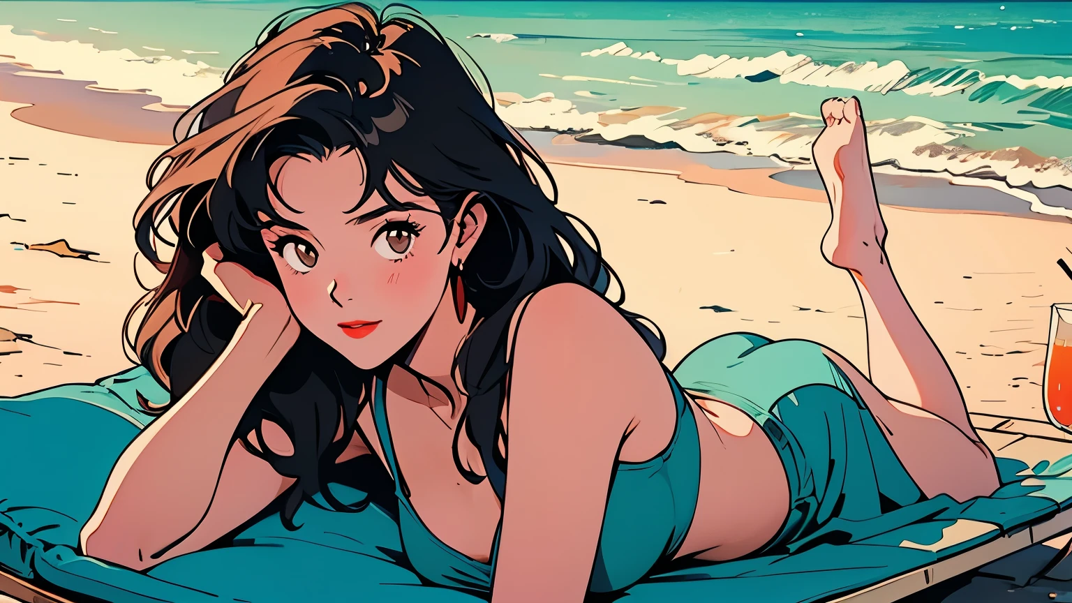 A girl, 80s anime style, retro, lo-fi, outside, piercing, Swimwear