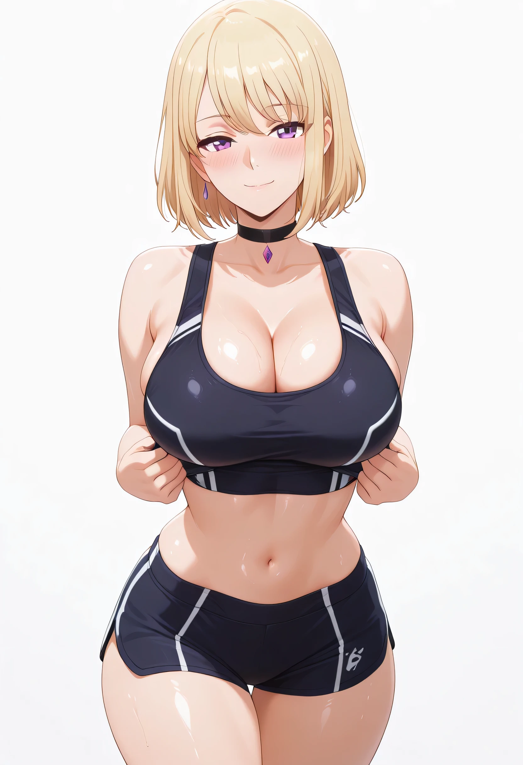 masterpiece, best quality, amazing quality, 1girl, solo, looking at viewer, blushing, white background, mature girl,side view, light smile, seductive, short hair, blonde hair, purple eyes, , ,bubble breasts, seductive twist, exaggerated voluptuous figure with impossibly large and prominent chest, dramatically slim waist, curvaceous hips, silky smooth skin with a mystical amethyst glow,, hips steady and slightly pushed forward, back straight to focus entirely on the chest and lace details), ultra-sensual face with a bold, confident, and mischievous smirk, highly detailed, 4k ultra quality, anime ecchi style, empty white background, vibrant and rich colors, hyper-sensual and irresistibly enchanting mood, shizuku kousaka (na honjaman level up), Anime screencap,solo focus, looking at viewer, shiny skin, shiny hair, shiny body, clear body, nose blush, BREAST FOCUS, POSING, CLEAVAGE, DYNAMIC POSE, CPER, clothes pull, NICE LEGS, COWBOY SHOT, ,, TIGHT CLOTHES, covered breasts, , , thick thighs , soft glossy skin , detailed shading , soft light , realistic anime style , ultra-detailed , 8k , masterpiece , highly detailed ,, clean background , VIEW FROM FRONT , , black choker ,, hourglass figure , large bust and wide hips ,, standing confidently in a seductive pose , POSING , OPAQUE CLOTHES , covered breasts , wearing a black sports bra and tight black gym shorts with white stripes , thigs , side view