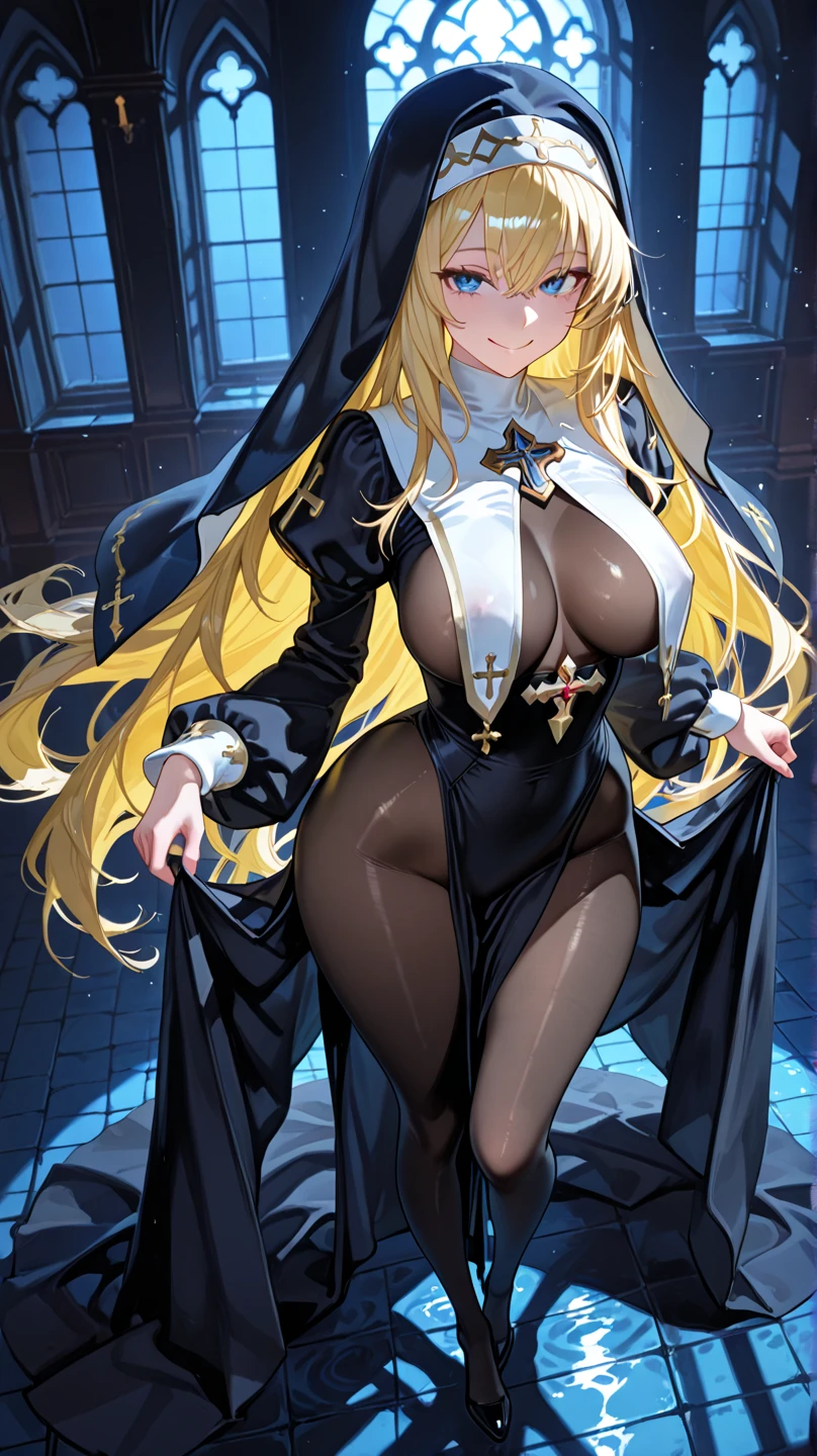 (high quality, 8k, 4K, high contrast, artwork:1.2, high quality, best aesthetics), (dynamic angle), ((1 woman)), erotic, sensual, mature body, super detailed, beautiful face detailed, beautiful eyes detailed, detailed beautiful mouth, perfect breasts, wide thighs, sexy body, blonde hair, long hair, long straight hair, long bangs, blue eyes, sparkle in the eyes, long eyelashes, nun, nun clothes, calm expression, innocent, shy, church.