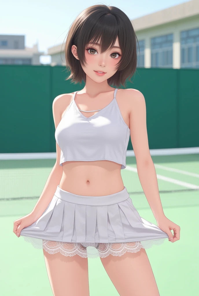 1girl, solo, white polo shirt, white sneakers, tennis wear, white miniskirt, masterpiece, best quality, realistic, hyper-detailed, (shiny skin, sweaty:1.4), absurd, looking at viewer, short black hair, brown eyes, slender, dynamic lighting, high resolution, sharp focus, depth of field, detailed eyes, sharp pupils, realistic pupils, (small breasts:1.6), (thick thighs:1.0), 、、、((((top-quality)), ((masterpiece)), Pitch Resuit、(Colossal tits:1.4)、Puffy nipple 、ONE PIECE tennis uniform erect nipples、sobbing tears、 see -through、kneehighs white、panty shot、(cum in pussy vaginal:1.2)、cum in mouth.、stadium、crowd、Being watched、(G-string :1.3)、Tennis match、Open lips、sad smile
