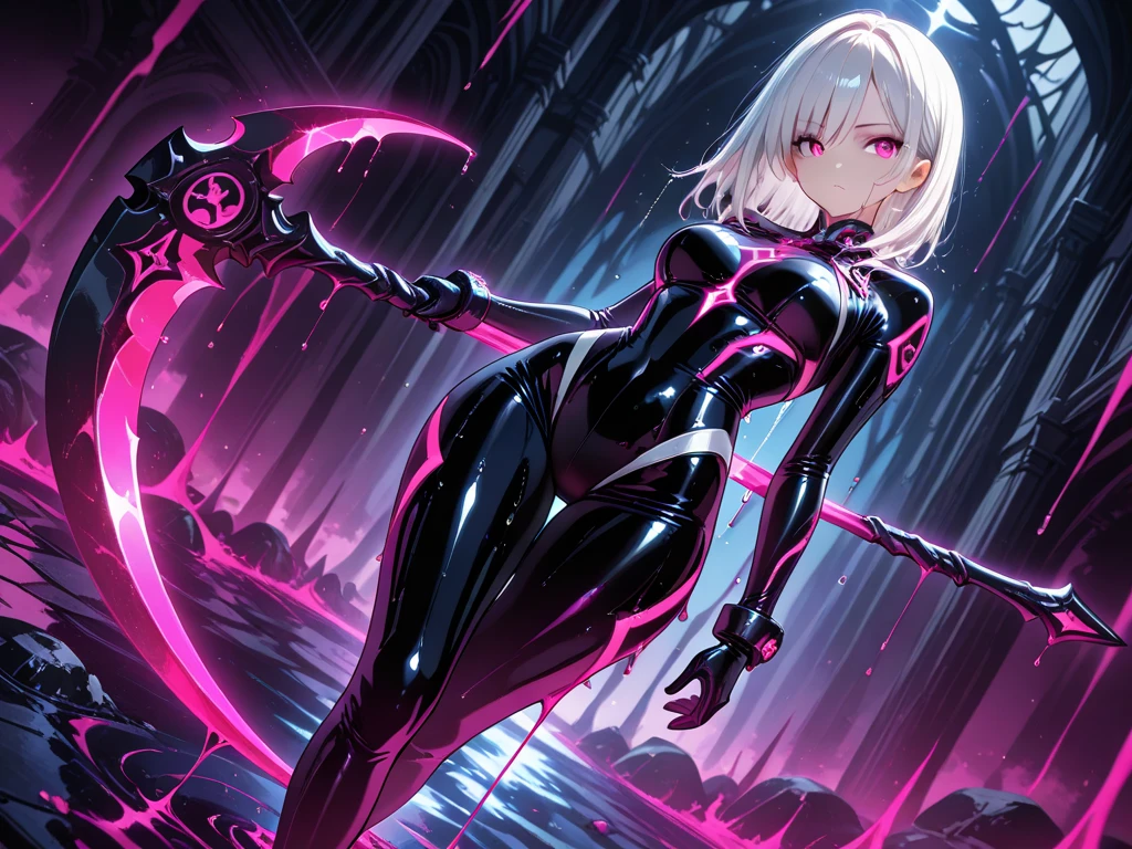 masterpiece, best quality, 8K, Digital painting, 1 girl, solo, stand up, youth, White hair, short hair white hair, hair accessories, red eyes, round pupils, Emotionless expression, blood stains, Mechanical Parts, electric wire, cable, failure effect, horrifying, science fiction, futuristic, Dark inside the background, neon lights, cyberpunk characters, Surreal, weird, Disturbing, spine-chilling, horrifying, jumpsuit,Red eyes,Venom Possession,blackened,Long black gloves,One-piece Pants,tight latex bodysuit,Highlight her graceful figure,wrap the whole body,symbiont,((Raised sexy)),jumpsuit,Red eyes,Venom Possession,blackened,Long black gloves,One-piece Pants,Black latex clothing,Blood-red eyes,best quality, High resolution, Super detailed, Vivid textures, mask, tight latex bodysuit, Bangs,purple hair, blue eyes