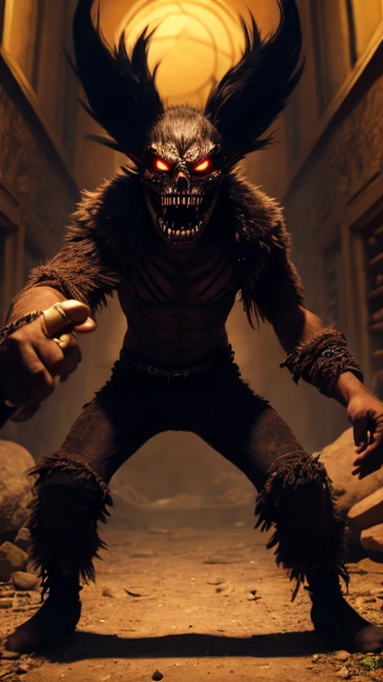 A chained werewolf in a dark dungeon with a red ball in his mouth