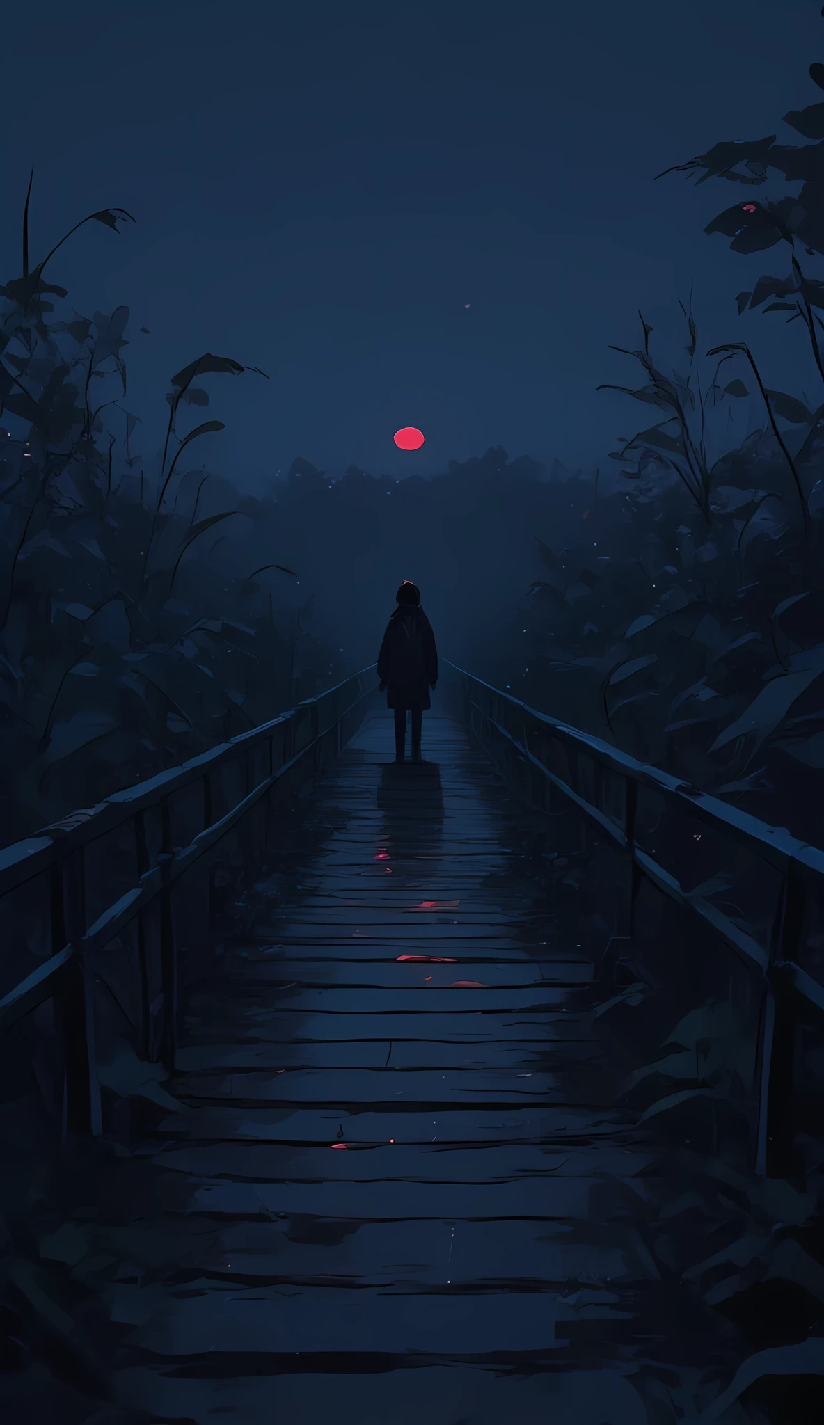 The image depicts a nighttime scene with a long, narrow wooden bridge extending into the darkness. The bridge is flanked by metal railings on both sides, and it is surrounded by tall grasses that appear to be swaying gently. The sky above is completely black, suggesting a lack of moonlight or artificial lighting. The bridge seems to be leading towards a vanishing point in the distance, creating a sense of depth and perspective. The overall atmosphere is serene yet slightly eerie due to the lack of visible human presence and the dark surroundings.