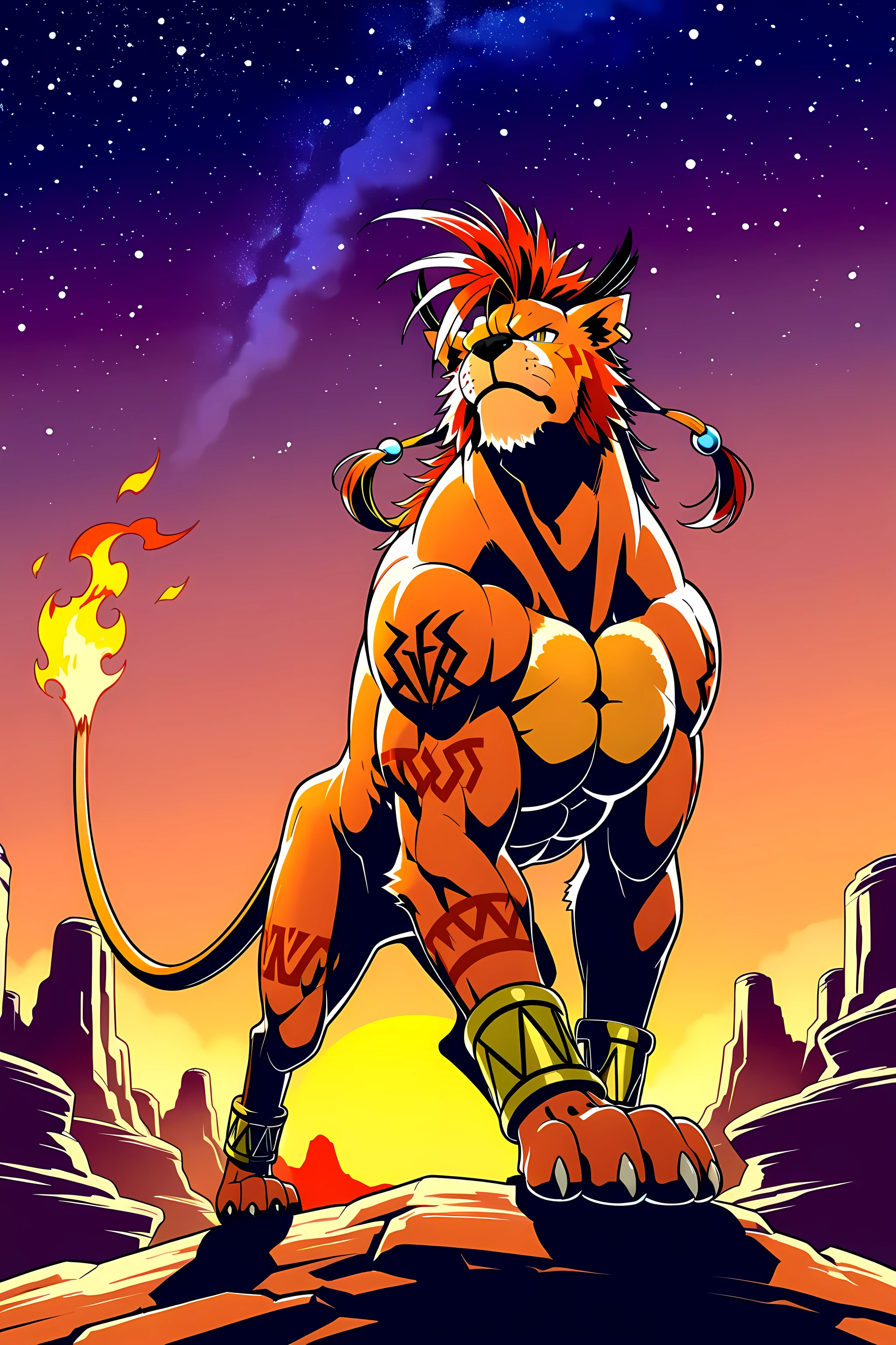 nanaki, red xiii, very muscular feral, feral, male, solo, dog, paws, cel shaded, (((muscular, pectorals, buff))), ((big body)), (muscular forelegs, muscular hindlegs), simple background, low-angle shot, posing on boulders, sunset background, canyon, starry sky, powerful posture, strong posture, full body, tail tip is flame