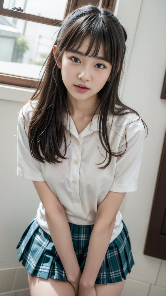 1girl,perfect Ratio Face, Balanced eyes, double eyelid,japanese,14yr,round face, an innocent face, embarrassed, open mouth,Beautiful nasal muscles, lipgloss,((show fluorescent color panties)), flat chest,open legs,spread legs,((uniform,skirt)),on cruiser ship,sea viewing