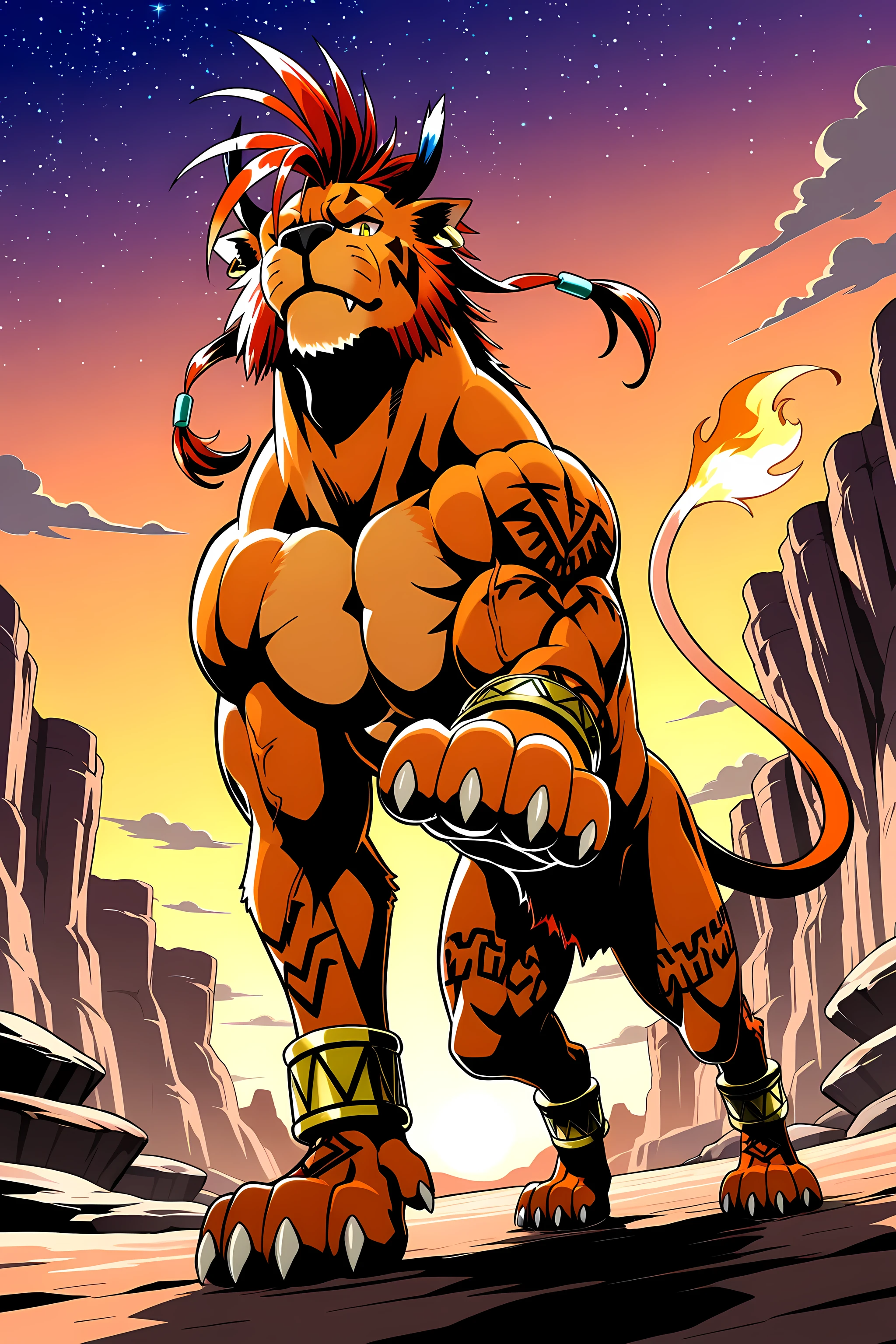 nanaki, red xiii, very muscular feral, feral, male, solo, dog, paws, cel shaded, (((muscular, pectorals, buff))), ((big body)), (muscular forelegs, muscular hindlegs), simple background, low-angle shot, posing on boulders, sunset background, canyon, starry sky, powerful posture, strong posture, full body, (paws raised, lifting paws), looking at viewer