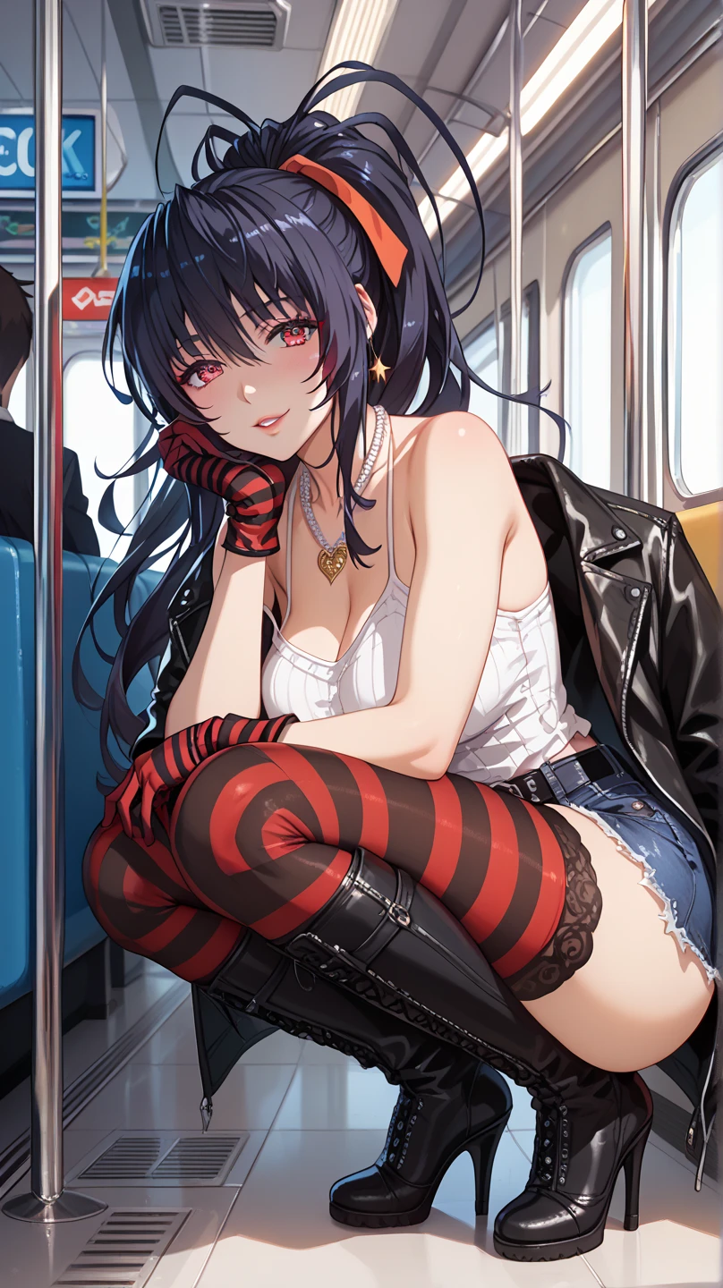 NSFW,masterpiece,High resolution,1girl, (solo), Hmmarnie, aqua eyes, black choker, red ribbon, jeweled pink dress, black lace panties, open clothes,a black jacket with long sleeves, sitting, look at the viewer. back seat of a limo, smile,shy face, high heels