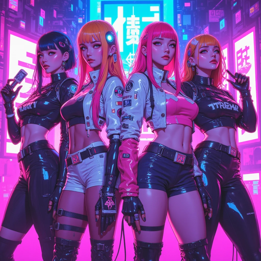 ((2 cyberpunk girls wearing colorful Harajuku style pop outfit)), (((fisheye lens))), cowboy shot, wind, messy hair, cyberpunk 2077 cityscape, (cyberpunk aesthetics and atmosphere:1.2), bright colors, smiling, ((cinematic lighting))