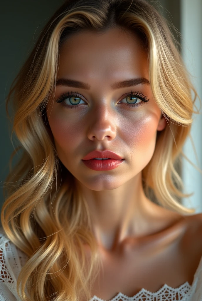 GinaBanini, NSFW, (((ultra realistic))) Photo, masterpiece, top quality, (pale skin), (Ultra detailed face and eyes:1.3), 1 girl, Adult, in a T-shirt, full body, (Eye makeup, mascara) , ((large detailed lips)), ((ash wavy hair)), ((Chyolka)) , (Natural breasts), Slim waist. ((Posing nude)), photoshoot, studio (soft lighting), (The play of light and shadows), depth of field, bokeh, (special attention to skin detail: 1.2), Detailed leather texture, skin pores. (Airy atmosphere of the frame. Color range - delicate, Bright, white, Pink tones), UDR, ((Film grain)), ((rays)), ((glare of the sun)), ((waist up portrait, close to the camera)) , ultra detialed, nude, full body shot