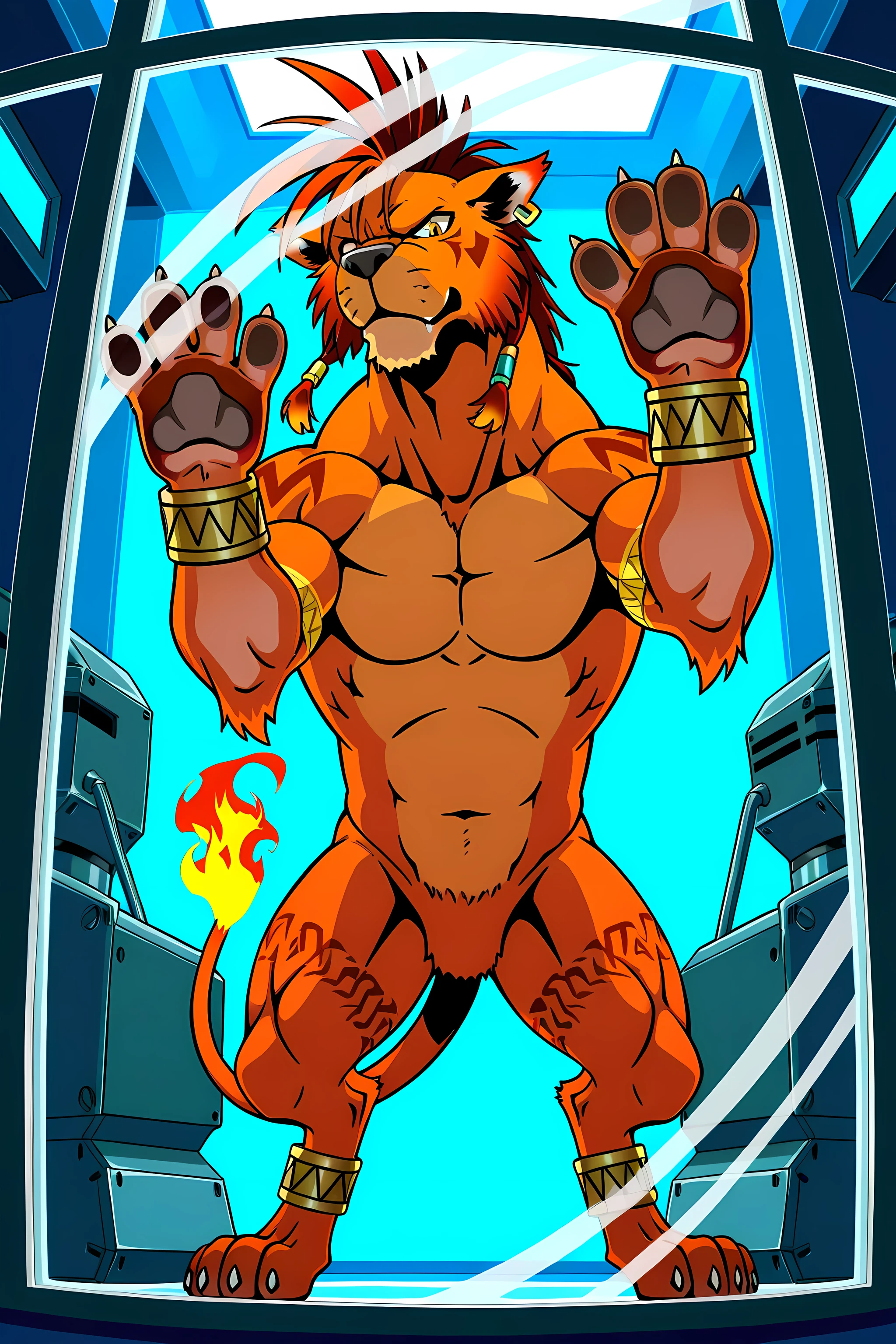 nanaki, red xiii, (very muscular feral), (feral), male, solo, dog, paws, cel shaded, (muscular, pectorals, buff), (big body), (muscular forelegs, muscular hindlegs, muscular legs), simple background, low-angle shot, posing, indoors, inside a glass tube, inside a glass prison, (behind glass), sci-fi, machinery background, full body, (paws raised, lifting paws), paws against glass, standing on hind legs, looking at viewer, jumping at viewer, pouncing, stern face