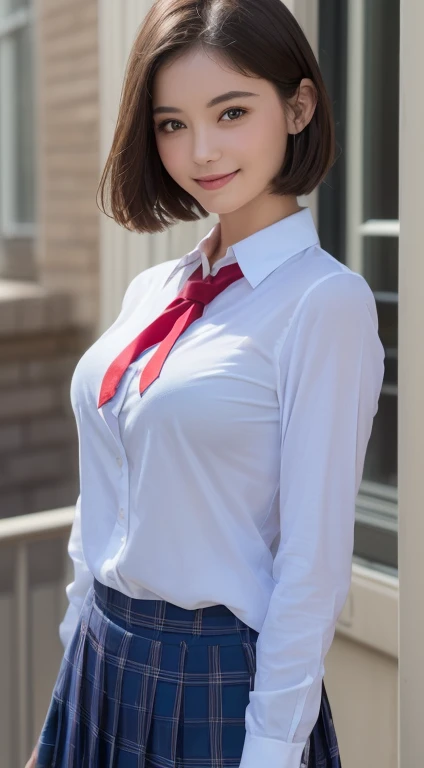 Violet, (Gardenias, Rosacea:0.8), (Tabletop, highest quality:1.4), Delicate girl, Beautiful Short Hair, close, , White dress shirt, Short sleeve, Dark grey pleated check skirt, 8k, 50mm Portrait, RAW Photos, Absurd, Focus on the chest, Big Breasts, Thin arms, Very small waist, soil、lean back, No makeup, Laughter、Sophisticated, Face Light, Bright lighting, Film Grain, chromatic aberration, (Dark red tie:1.2), (Wet shirt:1.3), street, Bokeh, (Simple Background:1.2)(Raised nipples,(See-through papillae:1.2),