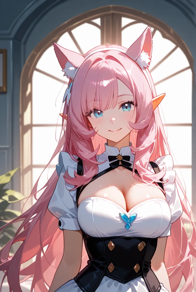 ((Masterpiece,Best quality)),1girll,Beautiful detailed eyes, Detailed face, (full bodyesbian:1.2), Long pale pink hair, Red eyes,Breast nudity, cat ear,