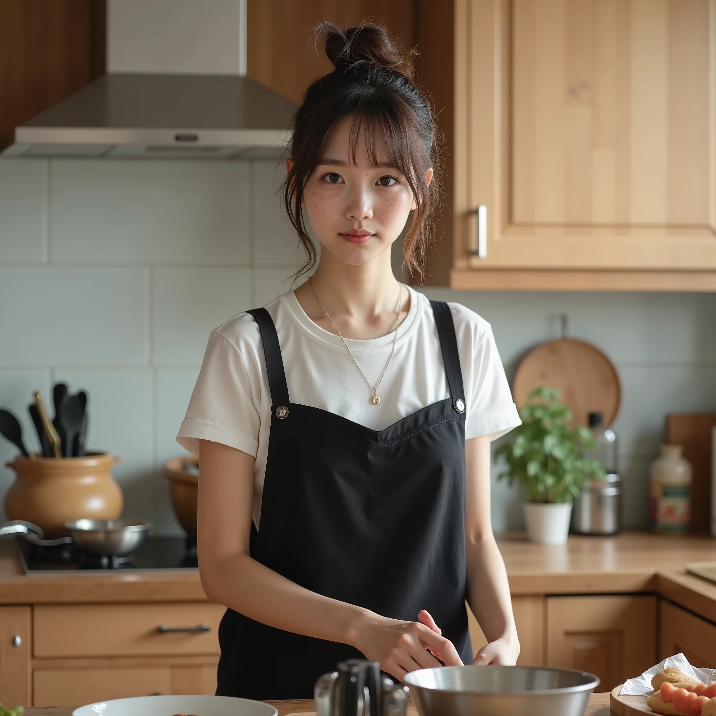 live-action,Just like a real photo,1 girl, , 18 years old, like々Seems, skinny, tall, brunette, messy ponytail, small , small waist, small  seen from below, with freckles, likeく見える, cute face, Hot Body, これまでで最も美Seems女の子, Full body wide photo, is staring deeply at viewers with her innocence and enchanting expression, Deep  that emphasizes her small but attractive , The overall outfit complements、makes her charm stand out even more.Wearing a black dress over a white t-shirt,I'm cooking in the kitchen