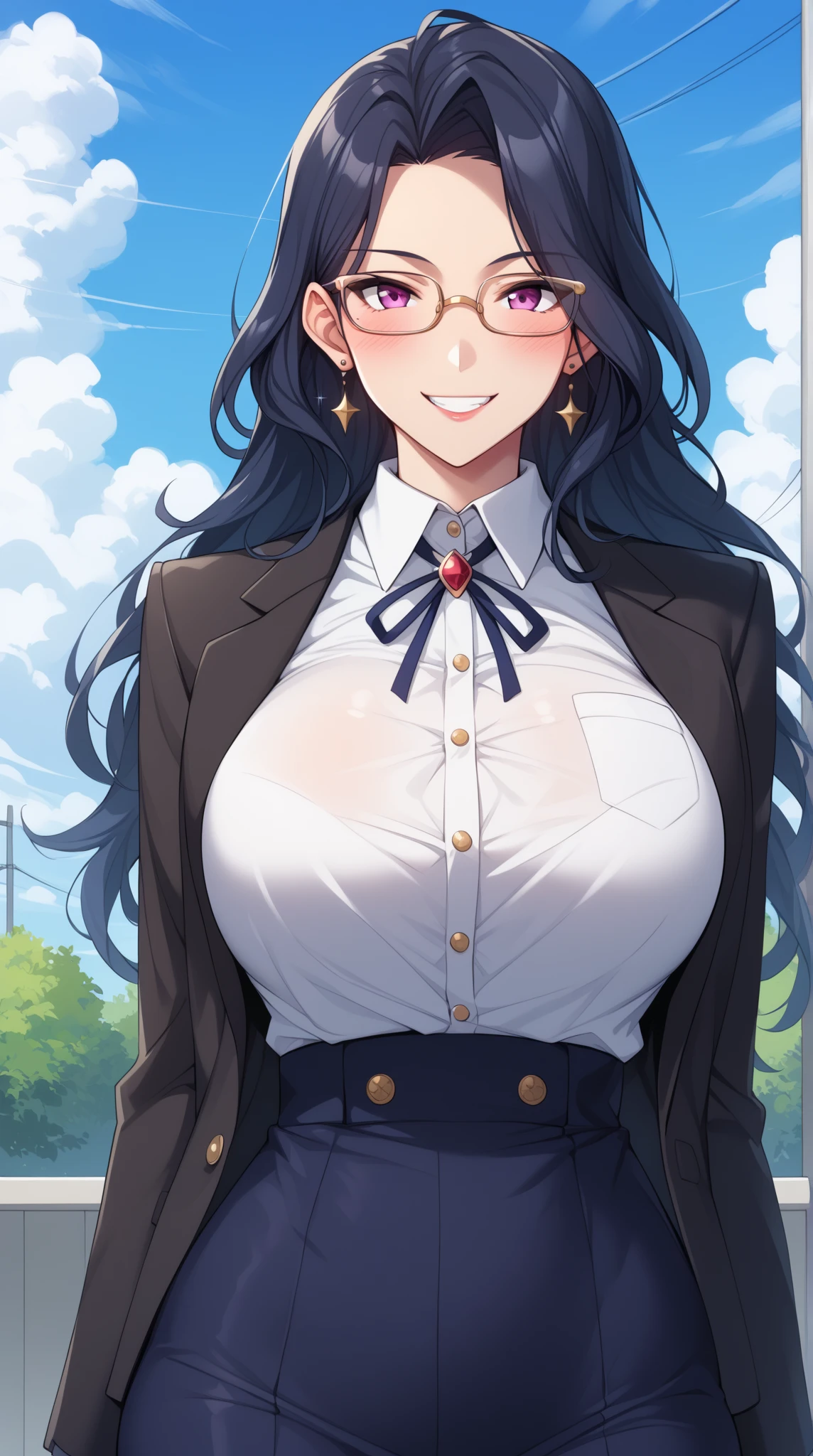 masterpiece, highest quality, High resolution, morning, semi-long, black hair, blue eyes, Glasses, ,bright yellow neckerchief, Bright colors,bright light,(26 years old),collared shirt, sweater vest,big breasts,(Blue Vest:1.2), short sleeve, armband, plaid skirt, gray skirt, (outdoor,Cherry blossom trees in full bloom), Are standing, smile, open your mouth a little, 