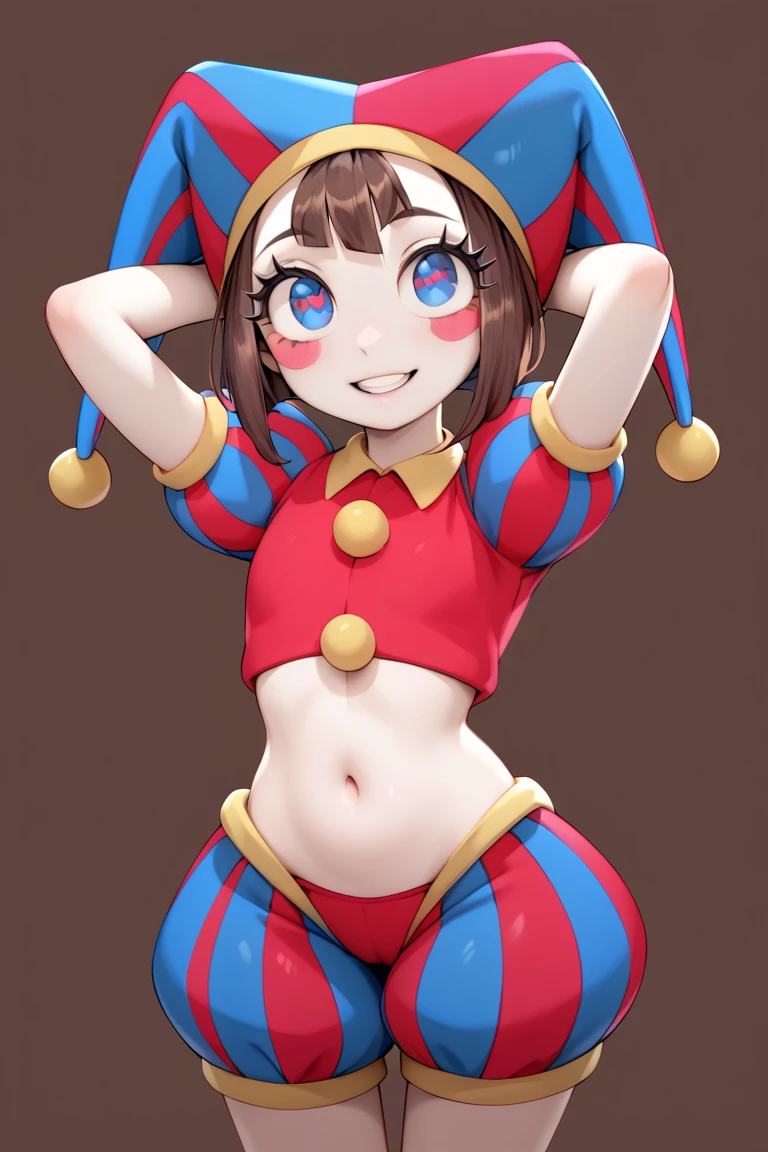 Busty a cartoon picture of a woman with a clown hat and a clown mask, cutecore clowncore, y 2 k cutecore clowncore, harley queen, of harley quinn, jester themed, harley quinn, insanely inflated hips, fata morgana giant mirrors, goth clown girl, comic artwork, clown girl, big cheeks, short cartoon strip pomni pecho muy grande enormes tetas ((pechos enormes)) ((pecho de 250.cm)) cuerpo marcado, pecho marcado, cola marcada,