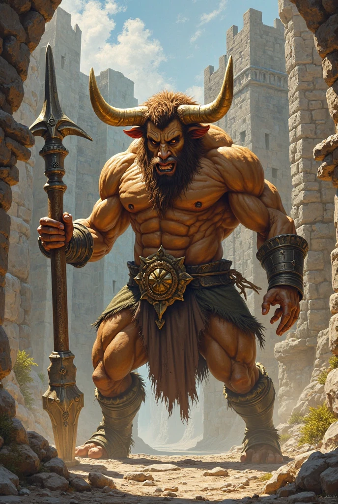 monster minotaur a huge axe Inside a dimly lit cave