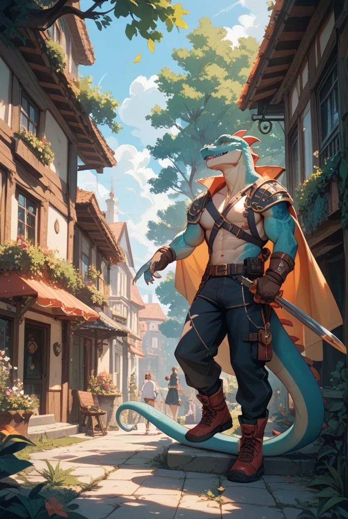 Alone by himself. Leviathan(anthro), aqua-green body, lighter underjaw, draconic wings, tail. Ultra detailed face, sharp teeth, claws, muscular, 30 years old male, clothes, shirtless, background, outside, plains, wooden barrel, sunlight, few trees. d&d comission art. Looking at the camera