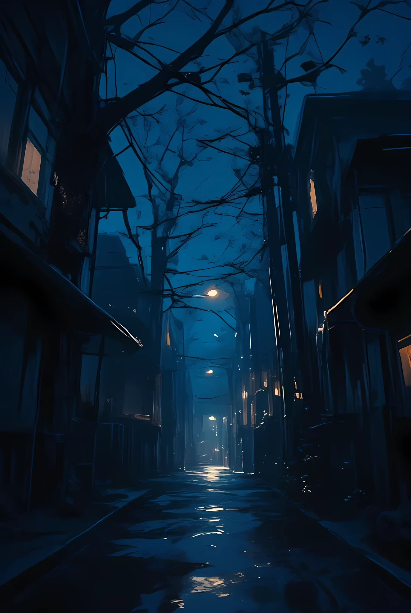 The image depicts a nighttime scene with a narrow, wet street flanked by tall, leafless trees. The street is illuminated by a single street lamp, casting a faint glow that reflects off the wet pavement, creating a slightly eerie atmosphere. The surrounding area appears to be a residential neighborhood, with houses partially visible on either side of the street. The overall mood is dark and mysterious, with the foggy background adding to the sense of isolation and quiet.