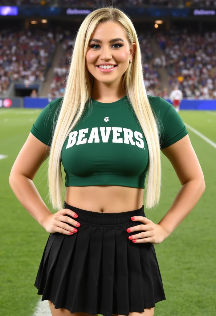 full body photograph of a young girl 11 years old cheerleader, natural breasts, sweaty skin, fit athletic body, thin waist, wider hips, toned arms, dressed in blue and white, cleavage, blonde girl with green eyes, long hair, sensual style, radiant smile, on an American football field