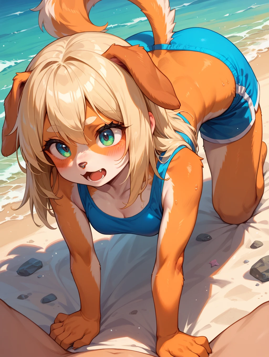 Cute anime cat girl in a swimsuit, Diving in the sea, Cat-like pads on hands and feet, The background is the bottom of the sea, an anime drawing by Puru, pixiv, furry art, sfw version, Rear view, from below, UHD, masterpiece, anatomically correct, textured skin, super detail, high details, high quality, best quality, highres, 8k