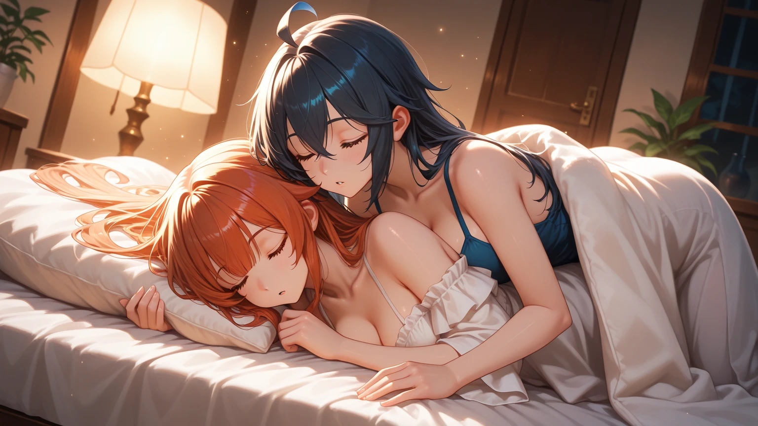 Anime image of two girls lying on sofa wearing flowers, two beautiful anime girls, trending on cgstation, at pixiv, WLOP and Sakimichan, Guweiz in Pixiv ArtStation, Pisif, nixeu and sakimichan, Highest rated on Pisif, Guviz, girls resting, Anime girls