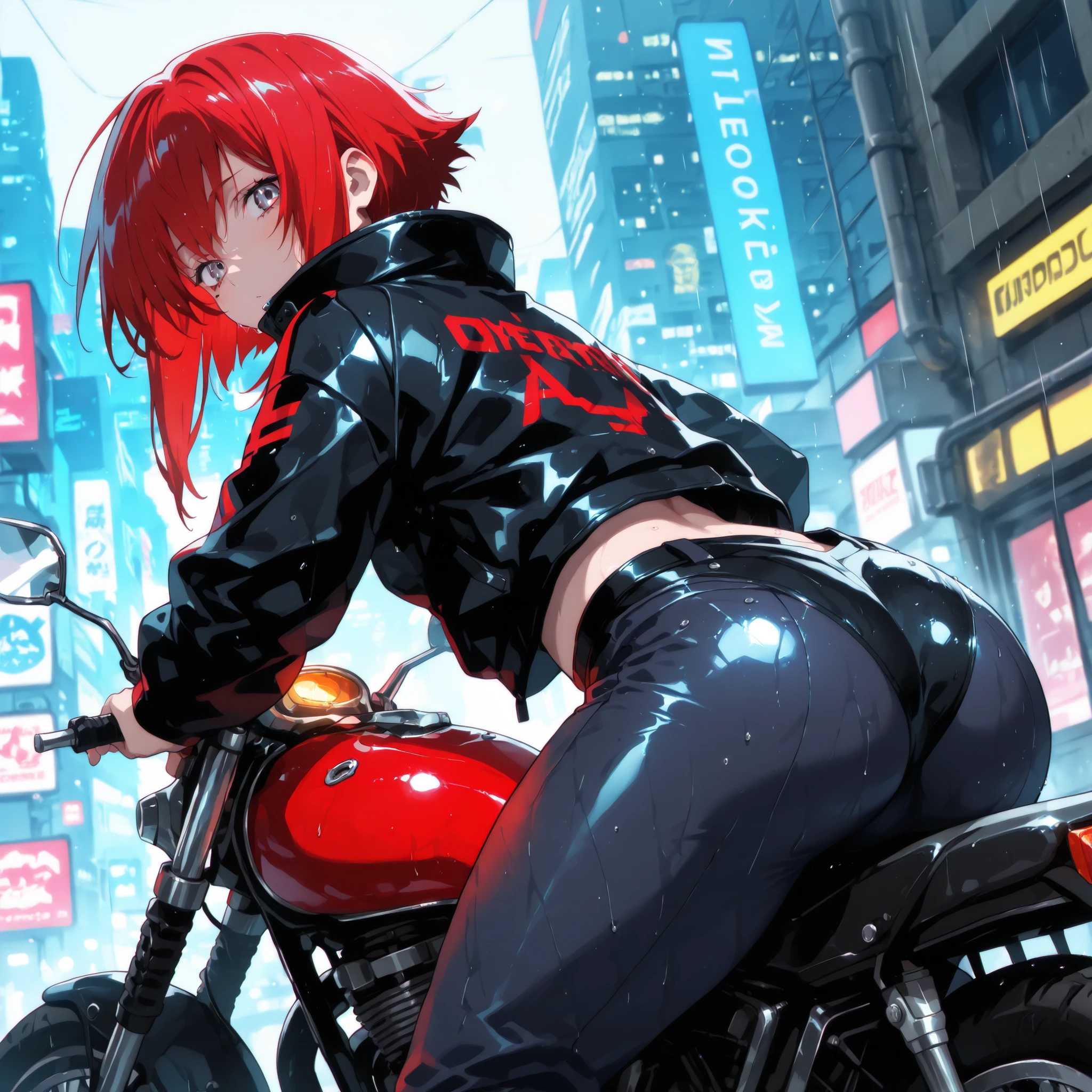 (masterpiece, best quality:1.2), a girl, Solo,red hair rides a motorcycle through a rainy cyberpunk city.