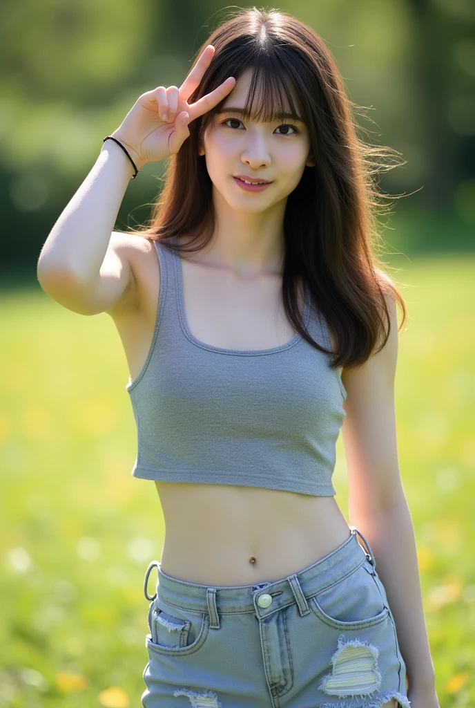 (highest quality、4k、masterpiece:1.3)、mini tight skirt、15 years old、in the forest、Navel exposed、highly detailed face、lip details、detailed eye、double eyelid、Eyes meet、full body、Light of the sun、Sparkling、smile、