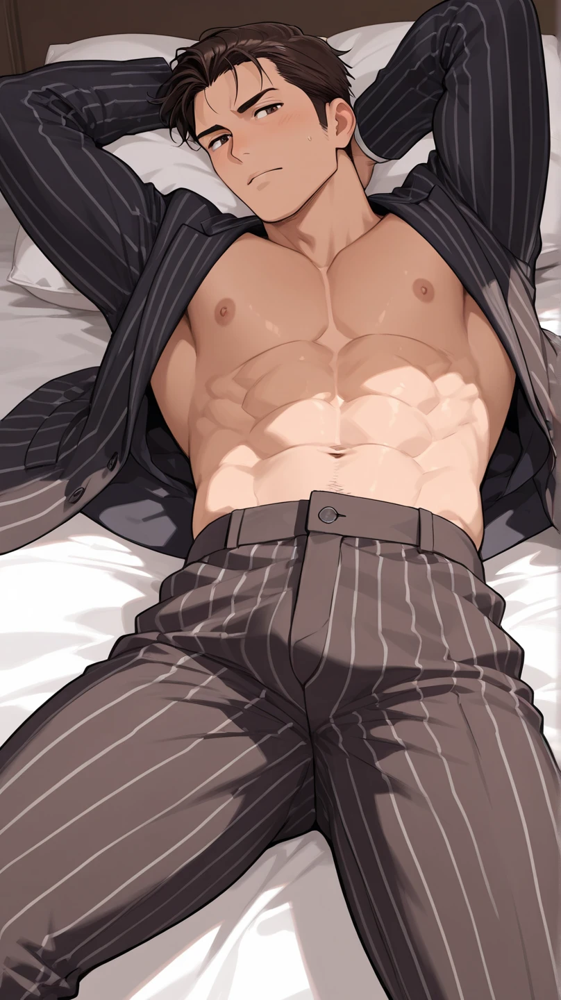 There was a man lying on the bed with his upper body naked, Cool anime poses, Valiant male pose, male art, Smooth anime CG art, SFW version, ultra-realistic picture, Handsome, stunning and lifelike, semi-realistic, Semi-realistic, SFW, 2b, 2 b, highly realistic photograph, Realistic perfect body, surreal photos, inspired by Yanjun Cheng