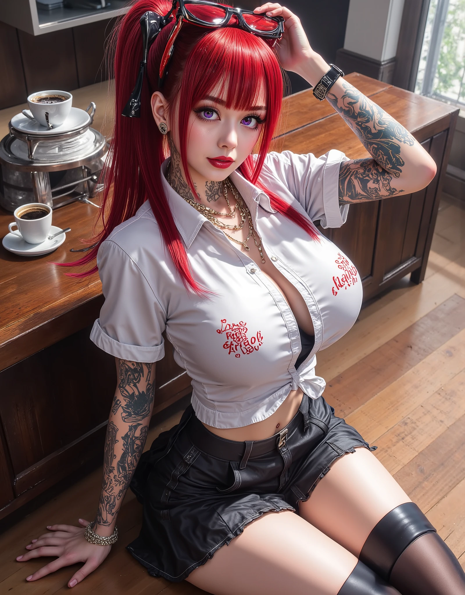 1girl,solo,bishoujo,gyaru,fair_skin,shiny_skin,tattoo,curvy,slender,thin,tall,red hair,straight_hair,medium hair,mascara,long_eyelashes,lipstick,red eyes,purple_pupils,thick lips,parted lips,huge breasts,slender abs, wearing open shirt and deep neck tsgirt, mary_janes,red-framed_eyewear,smile,incredibly absurdres,coffee house,panorama,full_shot,from_above,looking_up,stare, poster style art, right some ad quotes, in the style of sexy magazine cover paper
