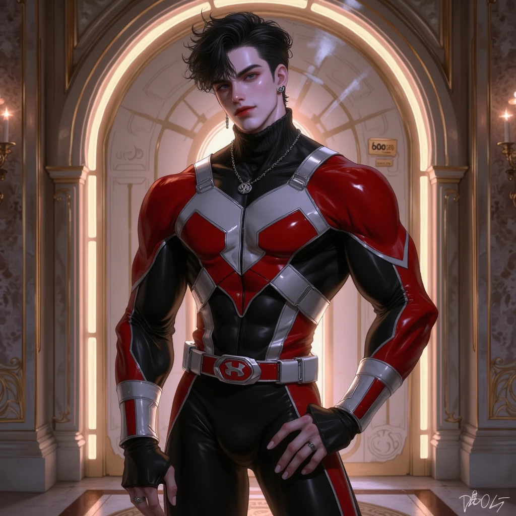 Junior male superhero standing in room in red tights and black briefs