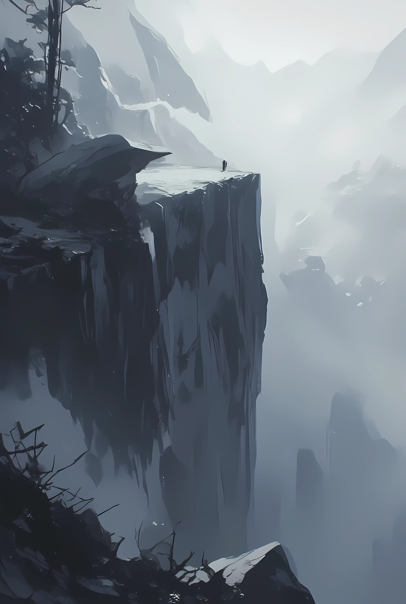 The image depicts a solitary figure standing on the edge of a steep cliff, enveloped in dense fog. The cliff is sharply vertical, with a narrow pass running down its length. The figure appears small in comparison to the vastness of the cliff and the surrounding mist, emphasizing the isolation and grandeur of the natural landscape. The fog creates a sense of mystery and isolation, with the background fading into a uniform, grayish haze, making the scene appear both serene and eerie. The foreground includes a large rock formation jutting out from the cliff's edge, adding to the rugged and dramatic atmosphere of the scene.