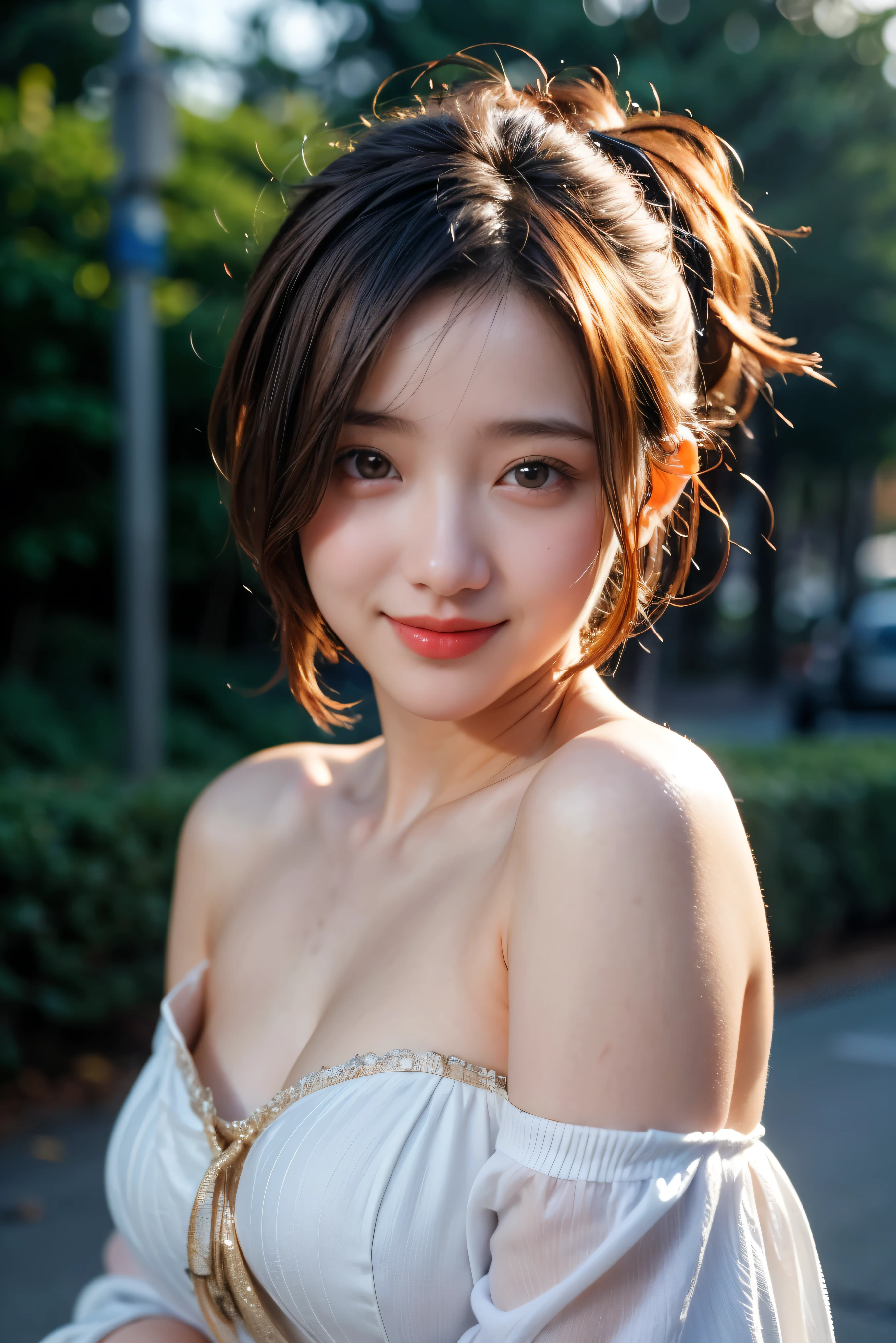 cute, (Ash Blonde Hair), ((Hair Bun)), Perfect Face, An innocent smile, Upper Body,(blue eyes), (Yan), (small), (thin), ((small胸)), ((Only 16)), Skin dentition, Very detailed, Attractive oval face, Red lips, pink, Glowing Skin, thin髪, Face Focus, Chest close-up, Gorgeous hair ornament, Gold earrings, ((1 person)), Embarrassed expression,