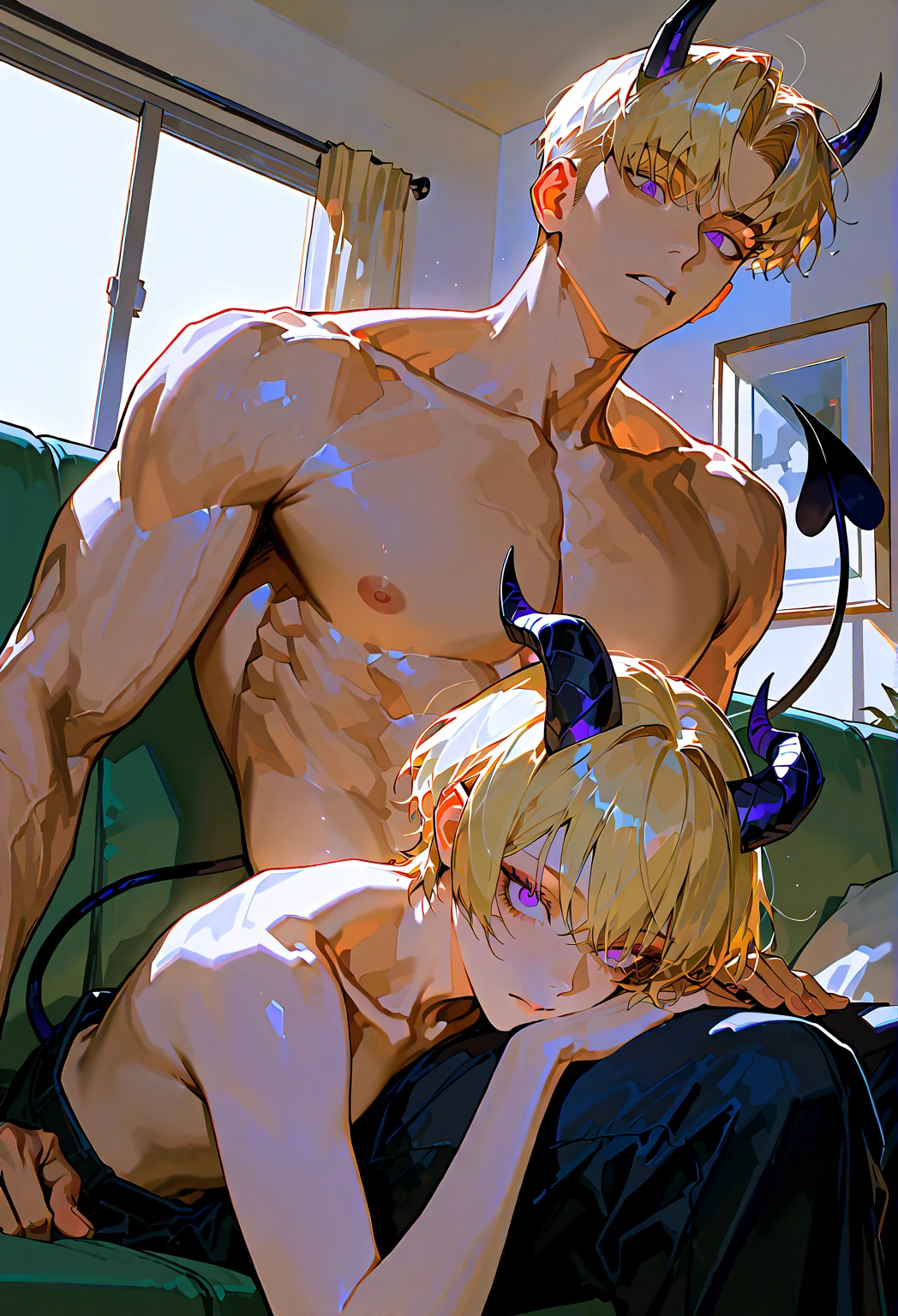 Anal Sex,(((Huge erect penis))),Please open your mouth wide,Drooling,Sweaty,bodybuilder,Six Pack,Big muscles,(Six Pack:1.6),Painful expression,13-year-old boy,Hero Suit,Devilish wings,Tropical sandy beach,Blonde,2boys,Blushing,to kiss