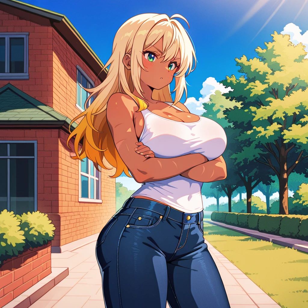 Sexy blonde sorority girl, woman, sexy makeup, long hair, human, light skin, curvy, black choker, large breasts, huge breasts, wearing a diaper, adult diaper, plain white diaper, thick diaper, bulky diaper, bulbous diaper, naughty smile, at a sorority house party, college age buildings seen out the balcony, femdom, (mommydom), latex, blue eyes