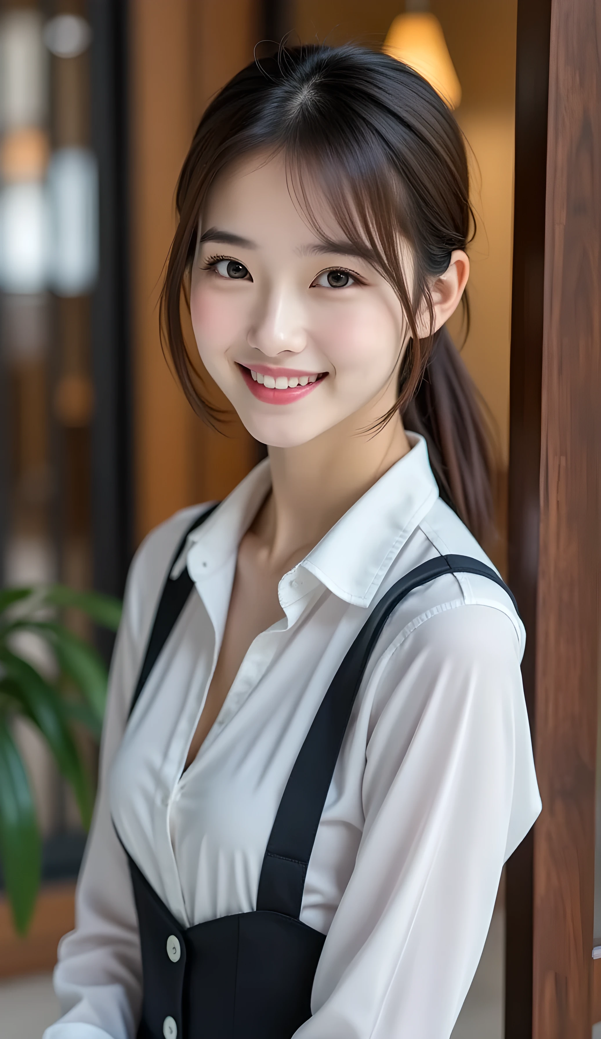 Super Real , Photoreal , (Full body image:1.5), She looks so happy , shadow, Global Illumination , Alone, (Japanese woman in her 20s :1.5), very beautiful、 cute smile , Slim, brown hair , Beautiful Legs , Long, slender legs , Surimi Waist , I'm wearing a receptionist uniform ,I'm wearing a bus guide's uniform , turn your body forward、 white hair,full body photo ,Please take a picture up to the tip of your foot ,wear black pantyhose glittered on her legs ,When the light hits stockings, they reflects beautifully., wearing black high heels ,