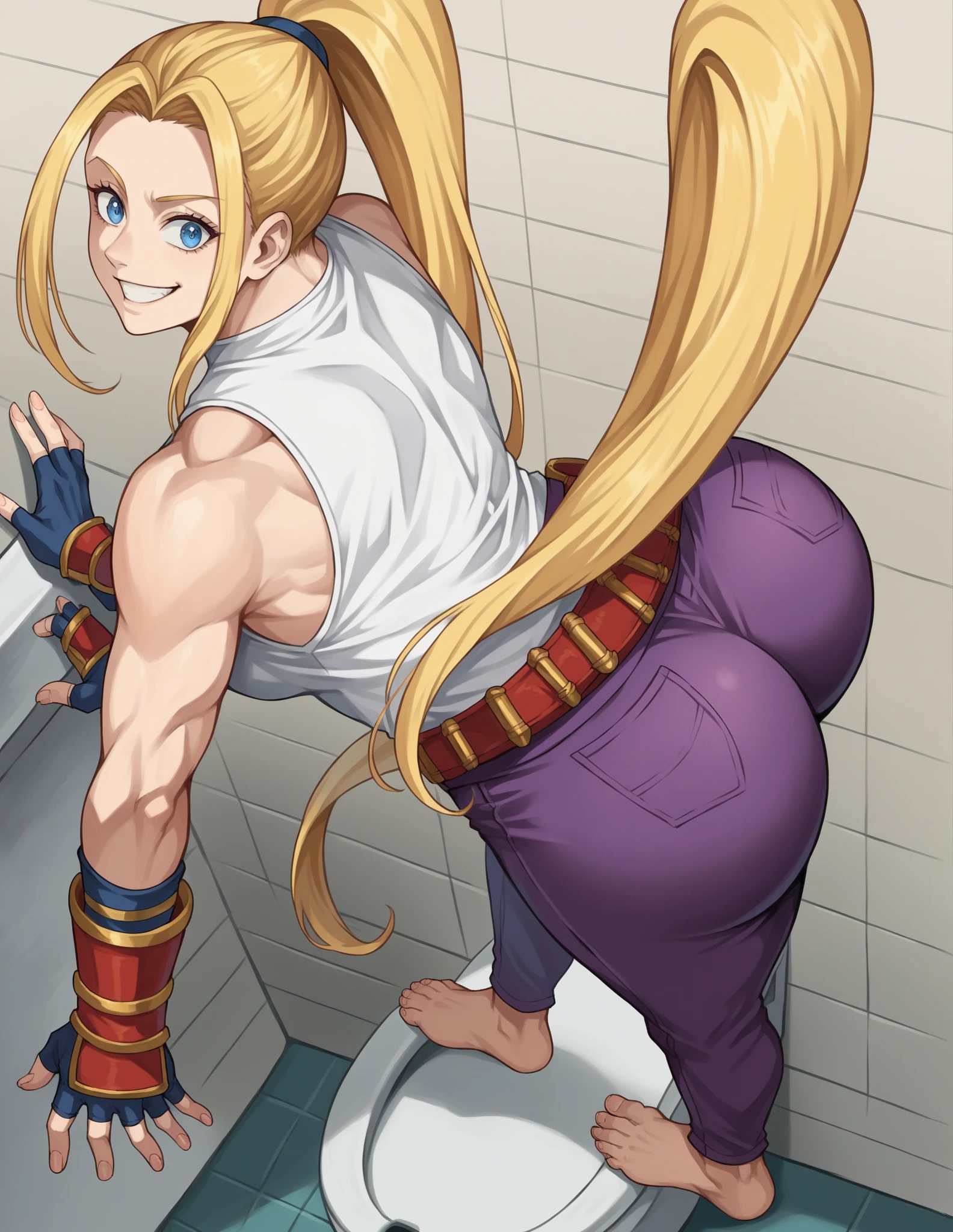 Super detailed、Highest quality、Best image quality、masterpiece、8K、Blonde curly hair、(SFW Huge Body)、(((Rear View)))、Cowboy Shot、Wear laces