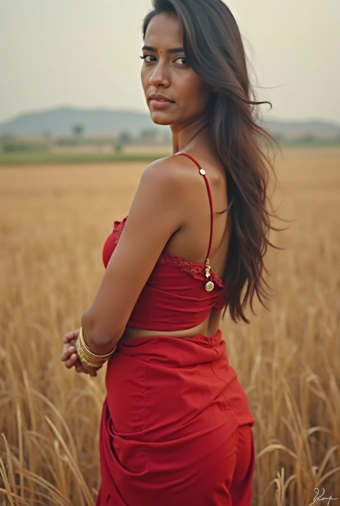 Make it real, realistic, bengali Indian beautiful chubby women, (like actress srabanti chatterjee, like actress srabanti chatterjee), Beautiful face, looking good, goddess Beauty, crystal clear image, Evening ((Golden Wheat Field)), Wearing ((red black tight Round-Neck top with Full Sleeves, short skirt, big waist, back pose, sex bomb)), These outfits hug her curves perfectly, intense makeup, skin texture, hyper detailed, eye shadow, maskara, breast size 32, oily skin, sexy looking, fairy, fairy, face makeup, lipstick, lusty looks, plus size model, (like actress srabanti chatterjee), sexy expression, high end makeup, beautiful eye, black brown hair, 16k, cinematic, age 24, perfect finger, sexy pose, looking at viewer, curvy, curvy, curvy, Model standing with her back to the camera, arms outstretched, embracing the open field.