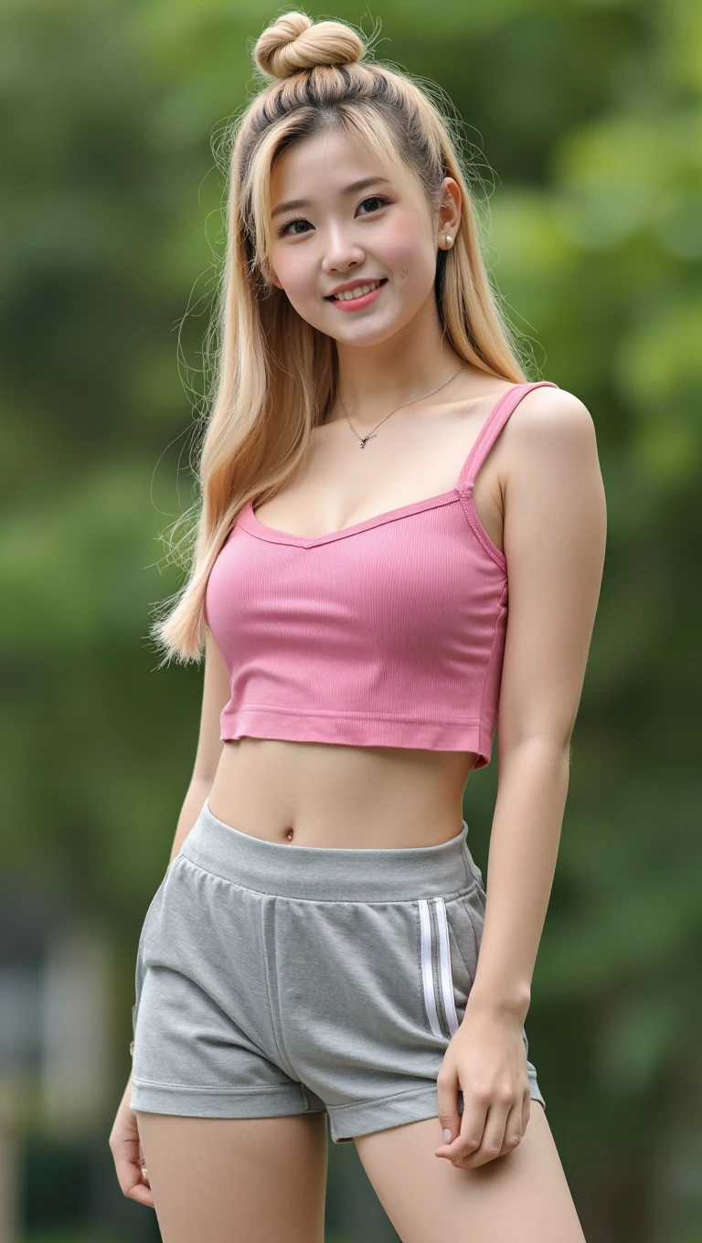 Caucasian woman, (blonde hair), dark hair roots, (((curly hair))), ((long hair)), outlined green eyes, sunglasses, red lipstick, athletic body, ((small breasts)), (nipples), ((pink top)), raised skirt, red underwear, earrings, necklace, watch pulse, bracelets, standing, in a park, Shot from bottom to top.