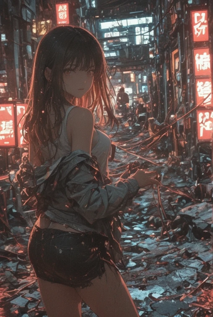 absurderes、Life and death、Creation and destruction、(Perfect Anatomy)a woman in a(Glowing hair、Rich facial expressions、Sweating、hot air、floral sears dress(Greatly torn)、front zip hoodie)、Skirt Lift Up、Background with(Fantastic world、Destroyed cityscape、Flowers and Birds Fugetsu)、Delicate hand depiction、Depiction of delicate feet